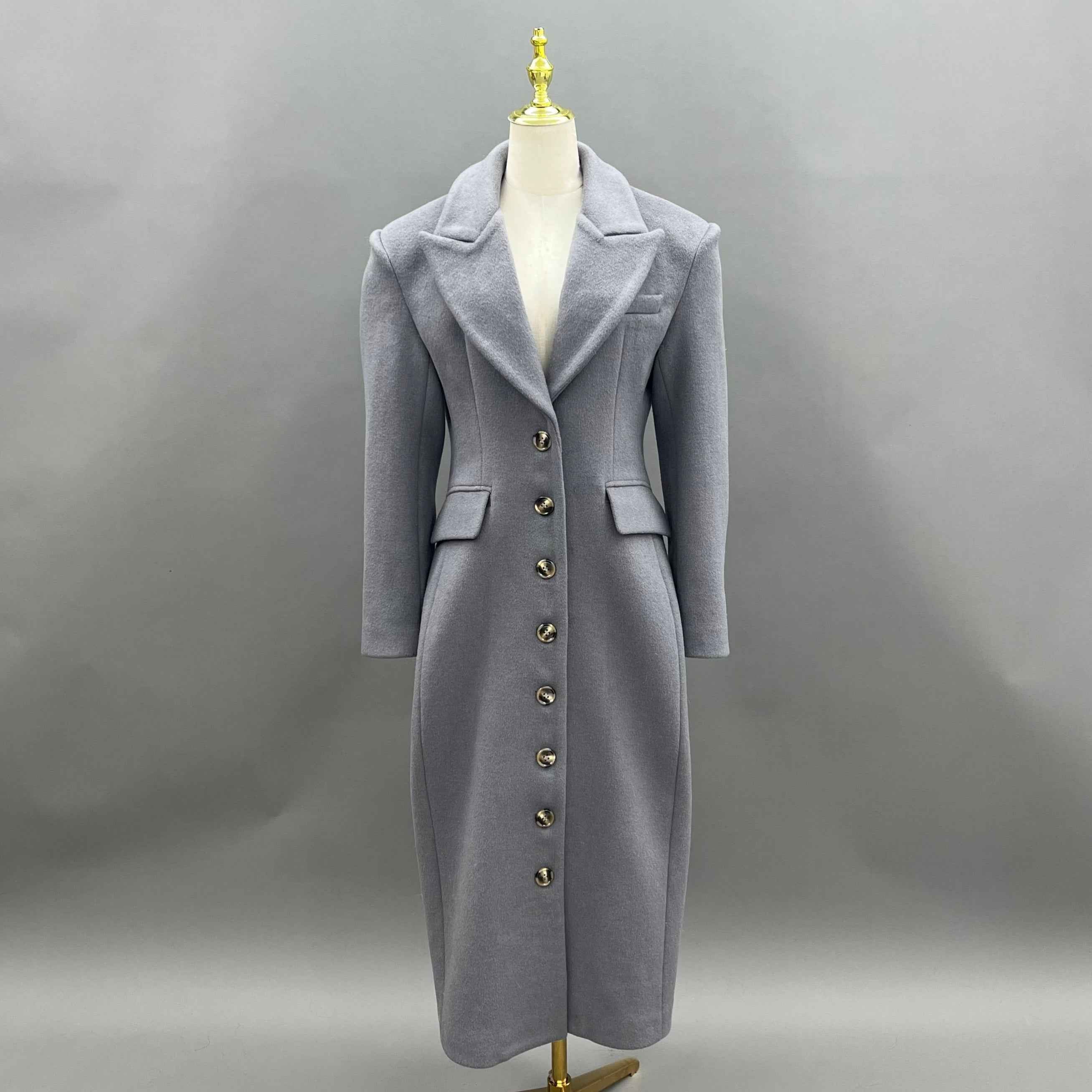 Women's Double - Sided Wool Coat with Shawl Collar, Shoulder Pads & Waist - Cinching Design