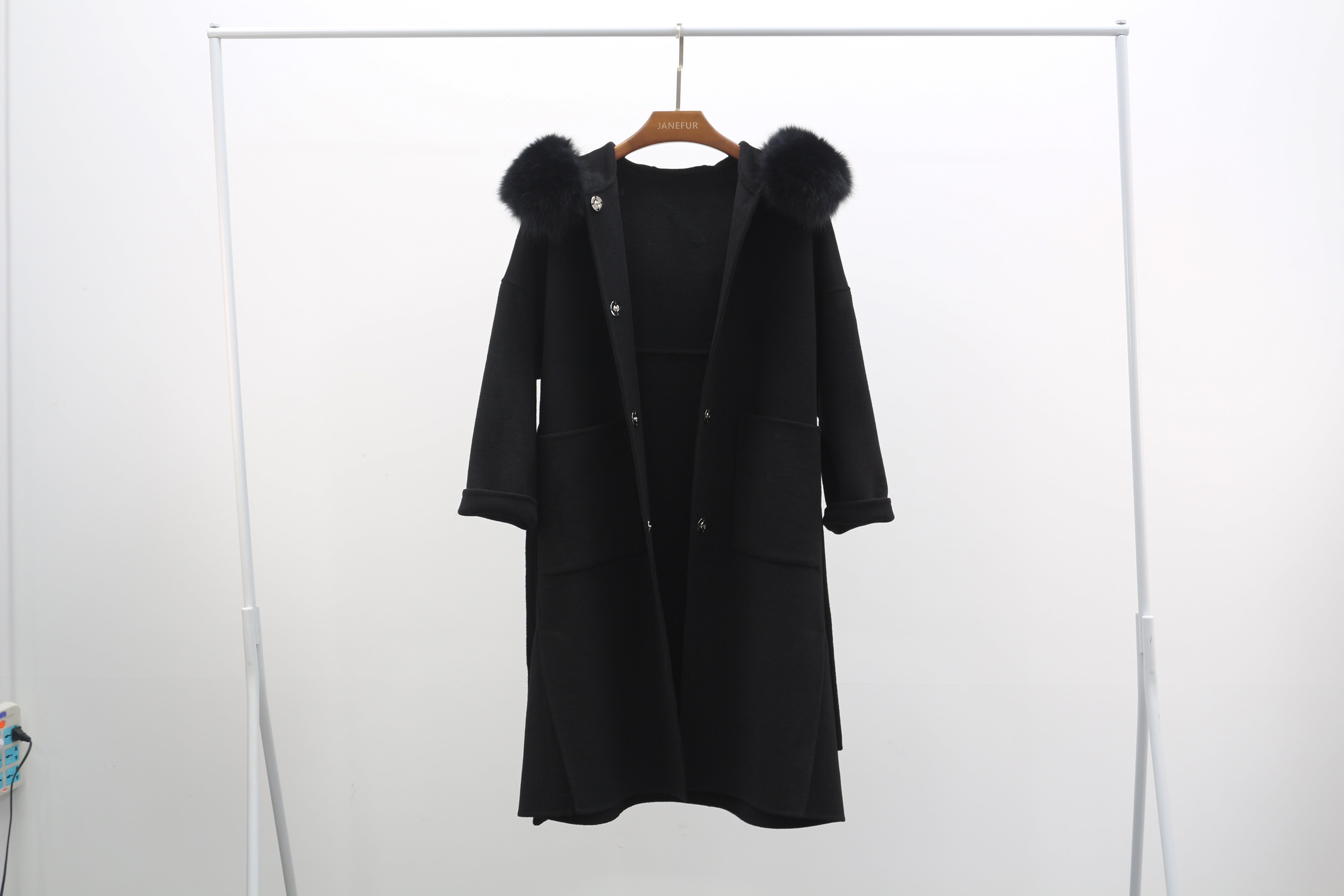 Modern Hooded Double-Faced Wool Coat with Cozy Fox Fur Details 4#Jet Black F
