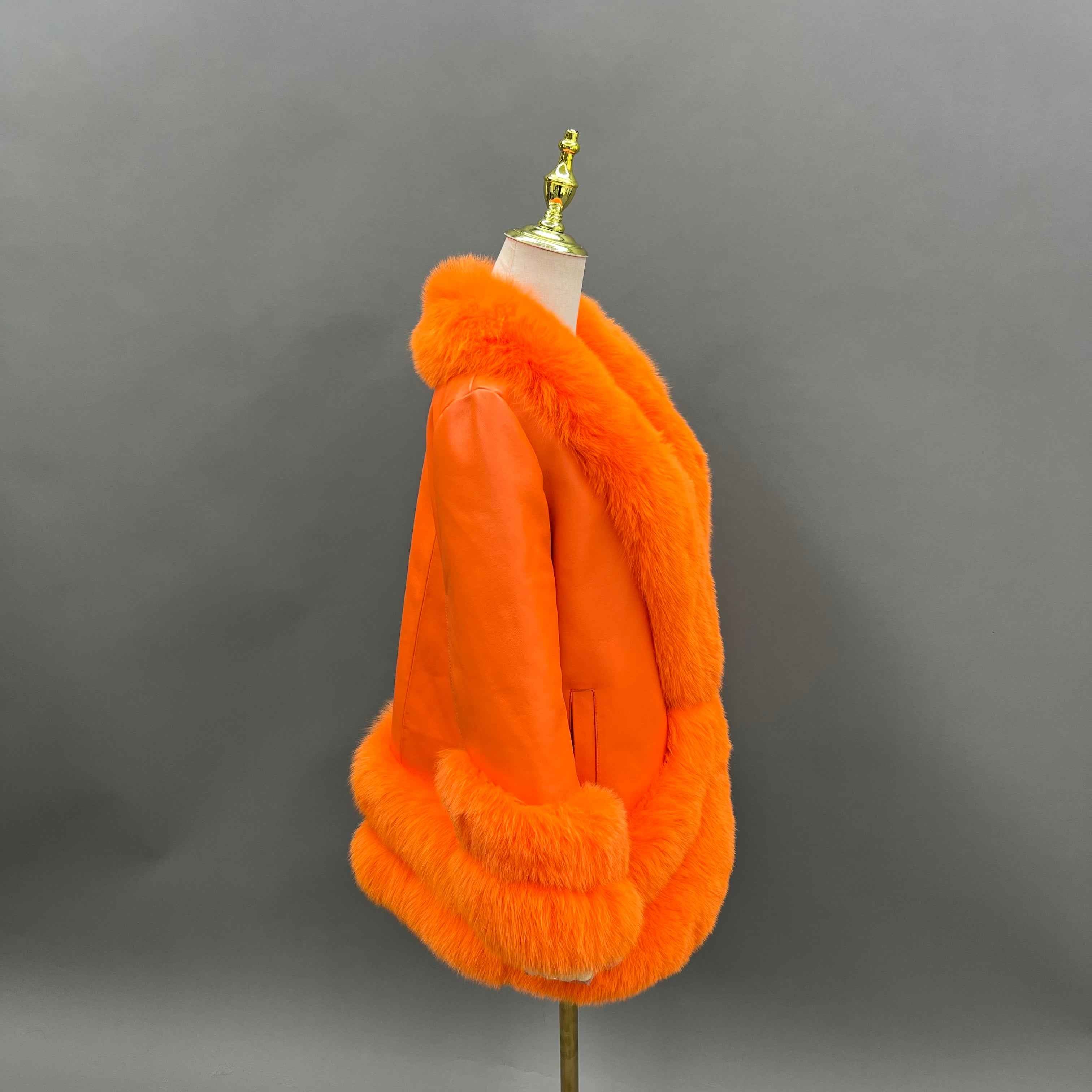 Women's Patchwork Leather Down Jacket with Fox Fur Trim
