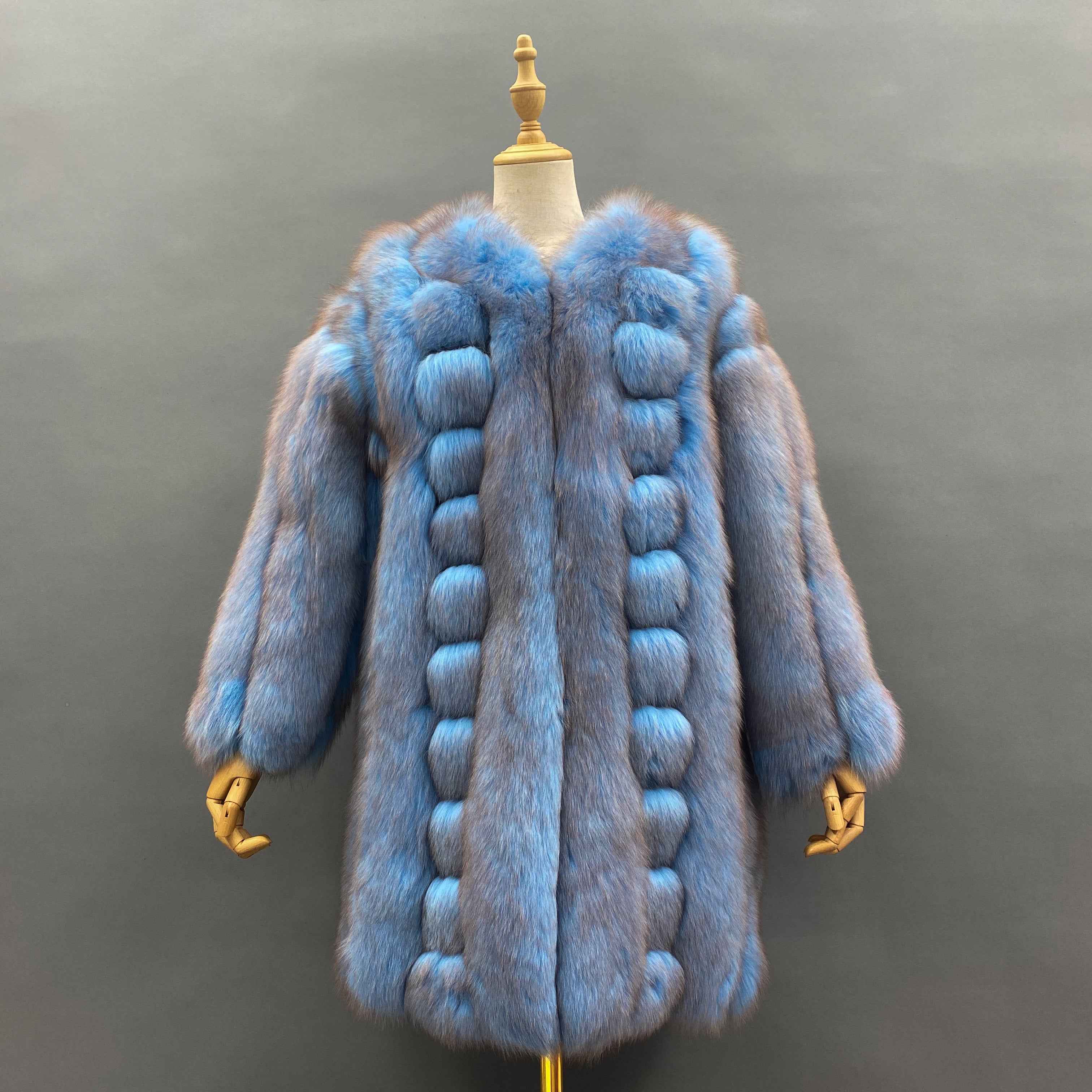 "Luxury Iridescent Fox Fur Coat: Artistic Puff-Stitched Winter Fashion Outerwear"