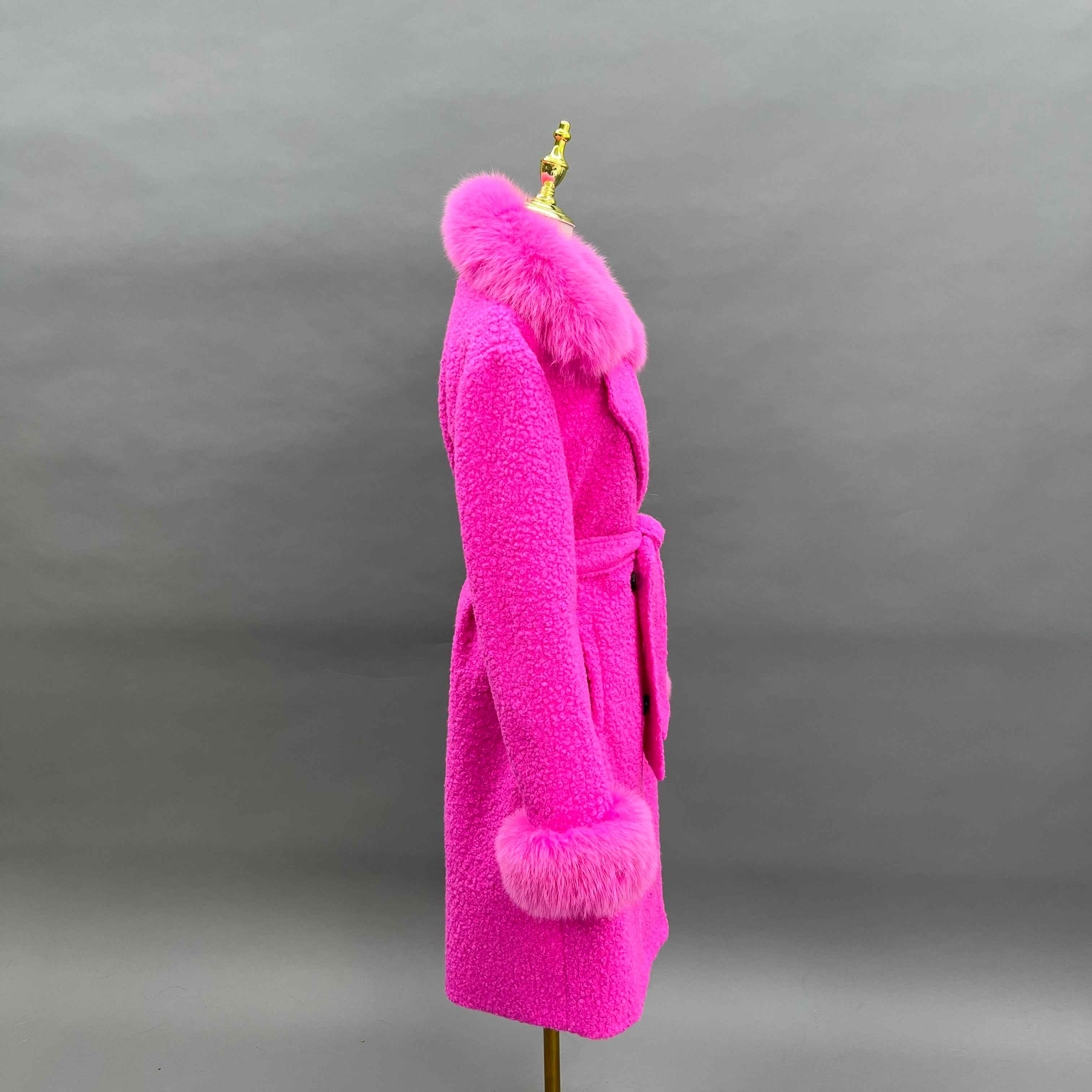 Women's Single - Faced Cashmere Coat with Faux Fur Collar and Cuffs, Belted Winter Outerwear