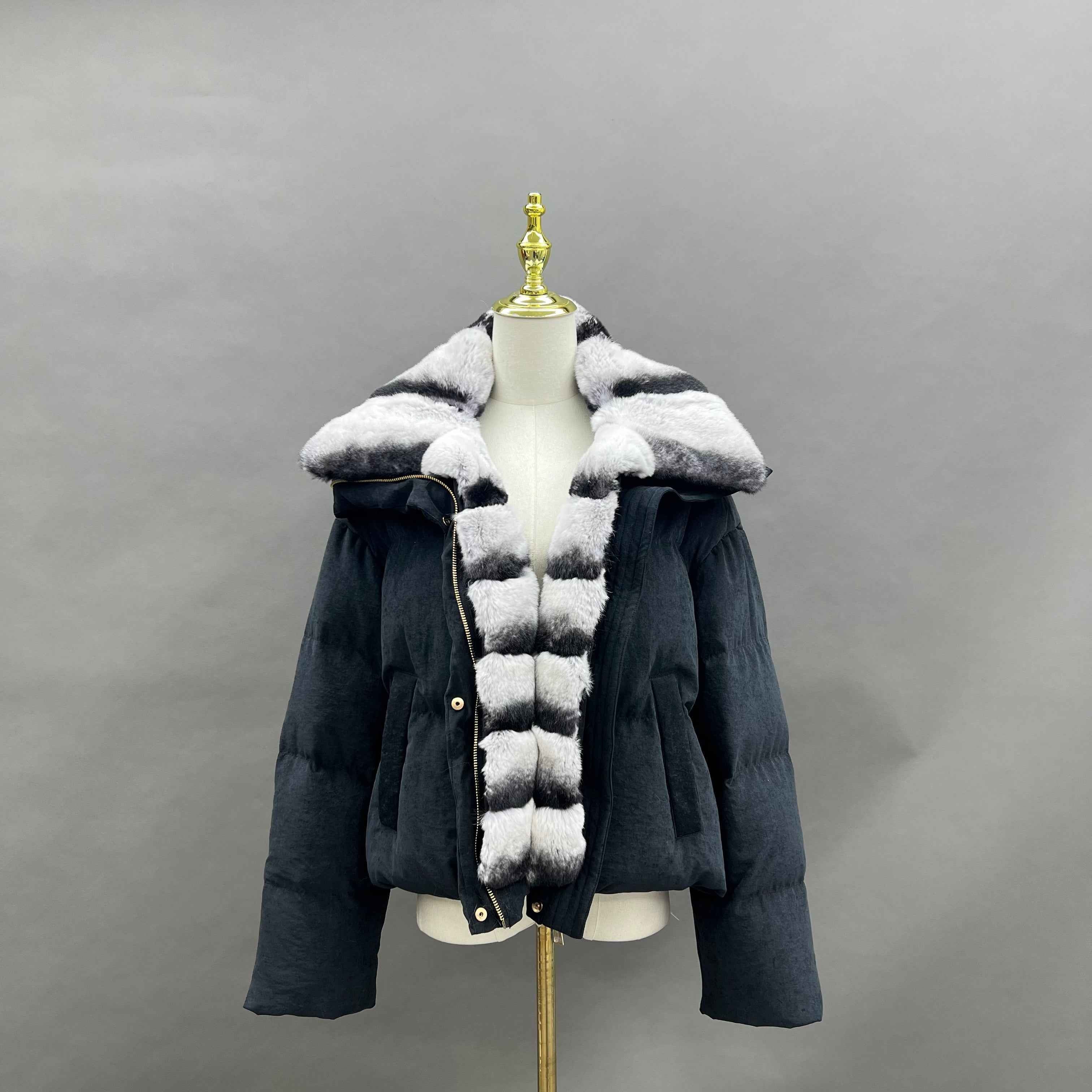 Women's Down Jacket with Rabbit Fur - Trimmed Collar and Placket