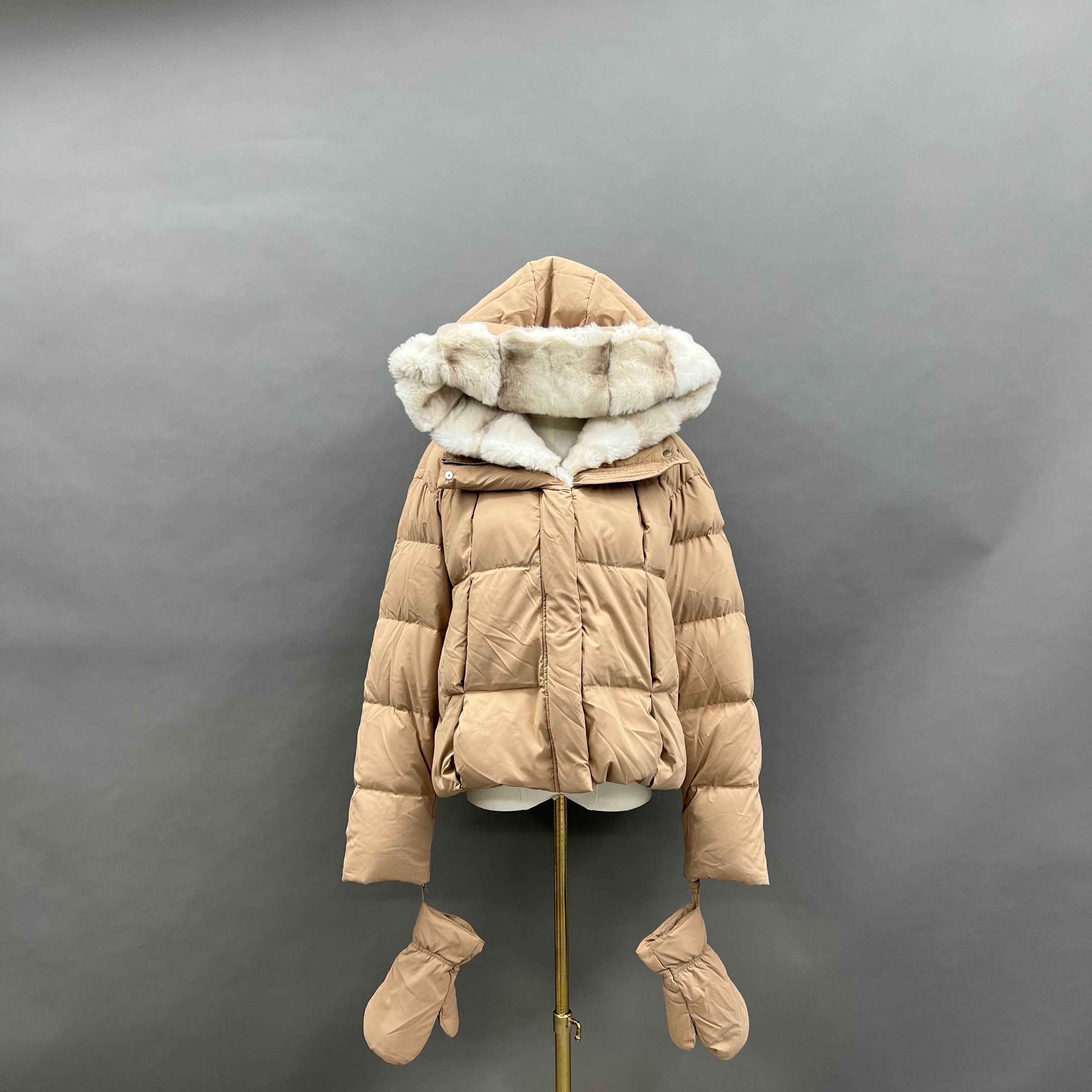 Women's Down Jacket with Removable Rabbit Fur Lined Hood & Front, Detachable Gloves Included