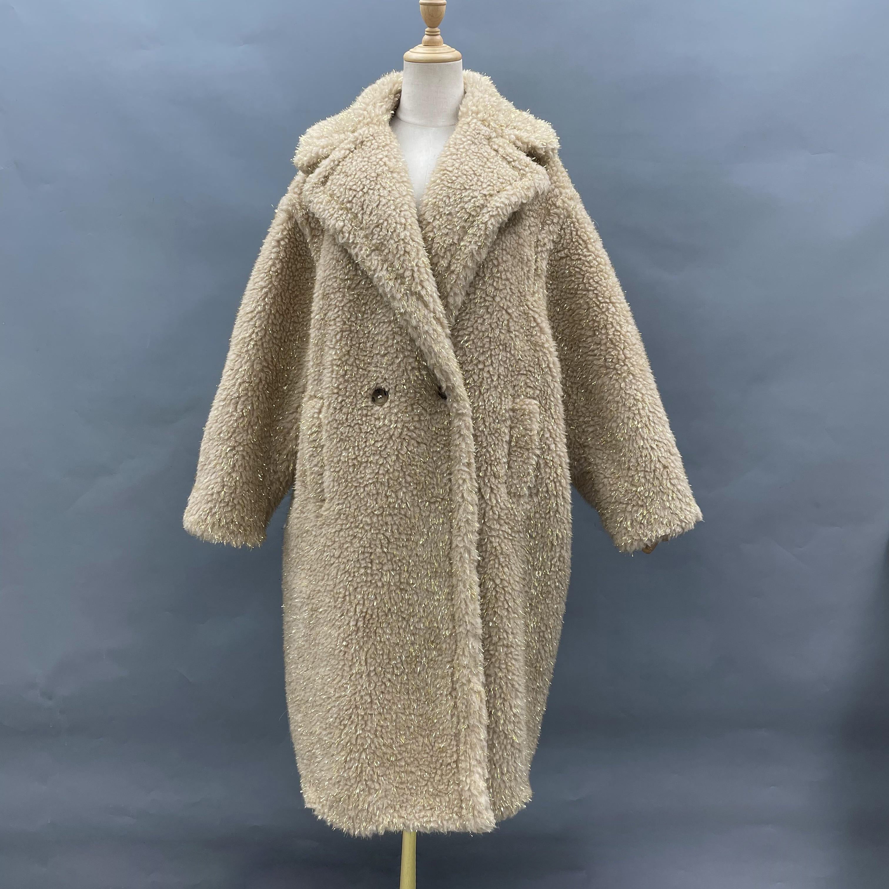Women's Teddy Fleece Long Coat with Double-Breasted Notched Lapel - Luxe Winter Outerwear