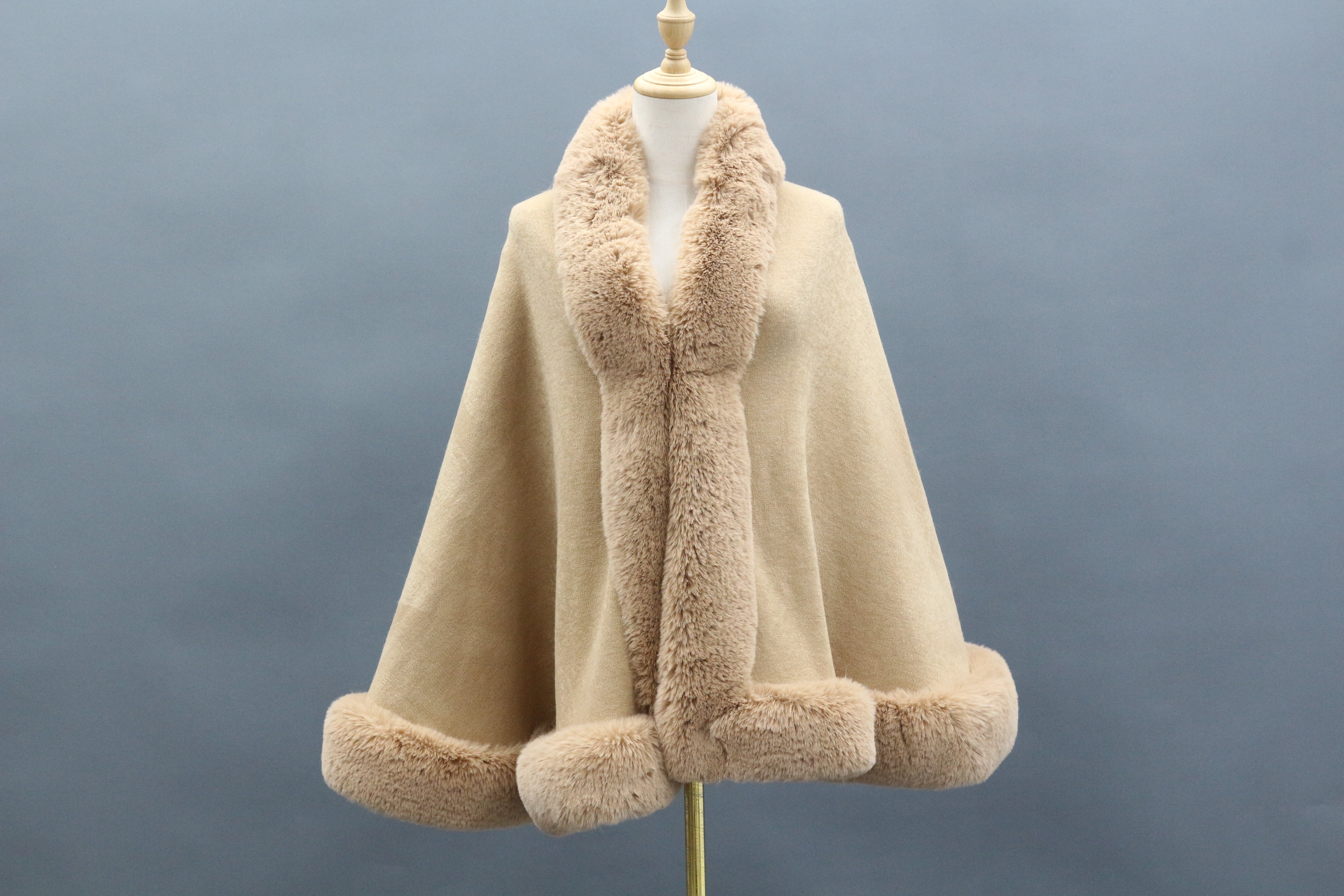 Women's Faux Fur Trimmed Cape with Front Placket & Hem Detailing - Luxurious Winter Accessory