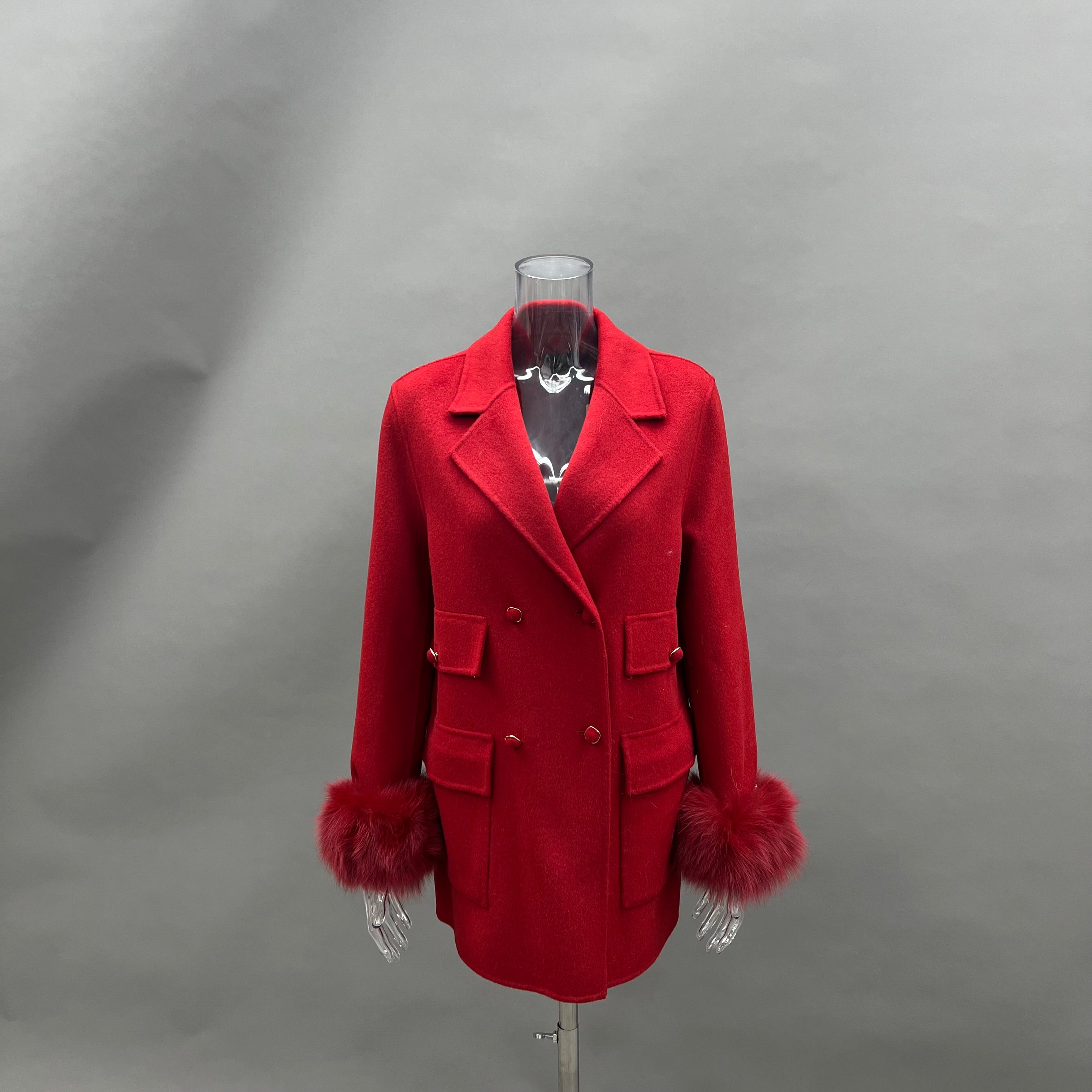 Women’s Red Double-Faced Wool Coat with Real Fox Fur Cuffs – Double-Breasted Notched Lapel Winter Jacket for Elegant Fashion