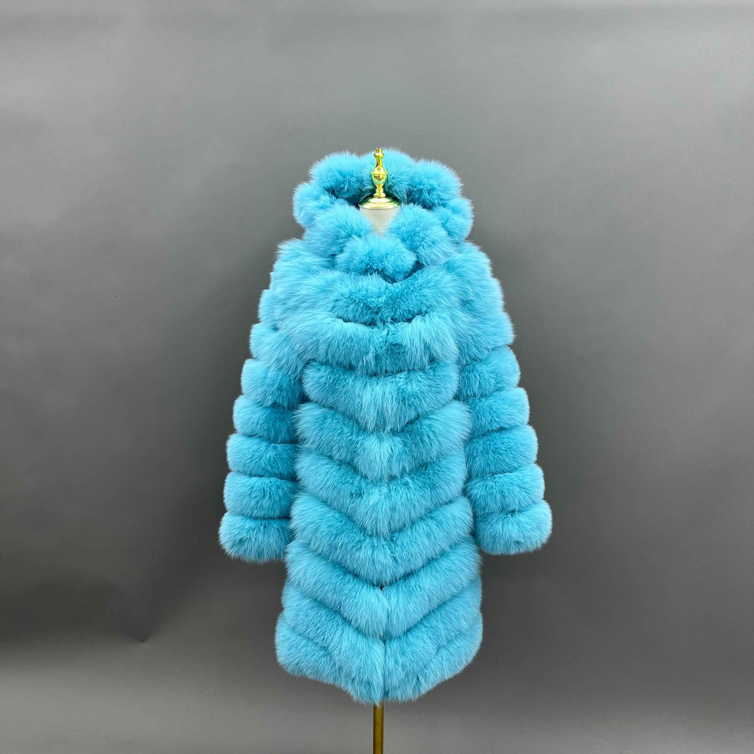 Luxury Blue Fox Fur Coat with Hood – Long Chevron Stitched 10-Panel Women’s Winter Fur Jacket Blue