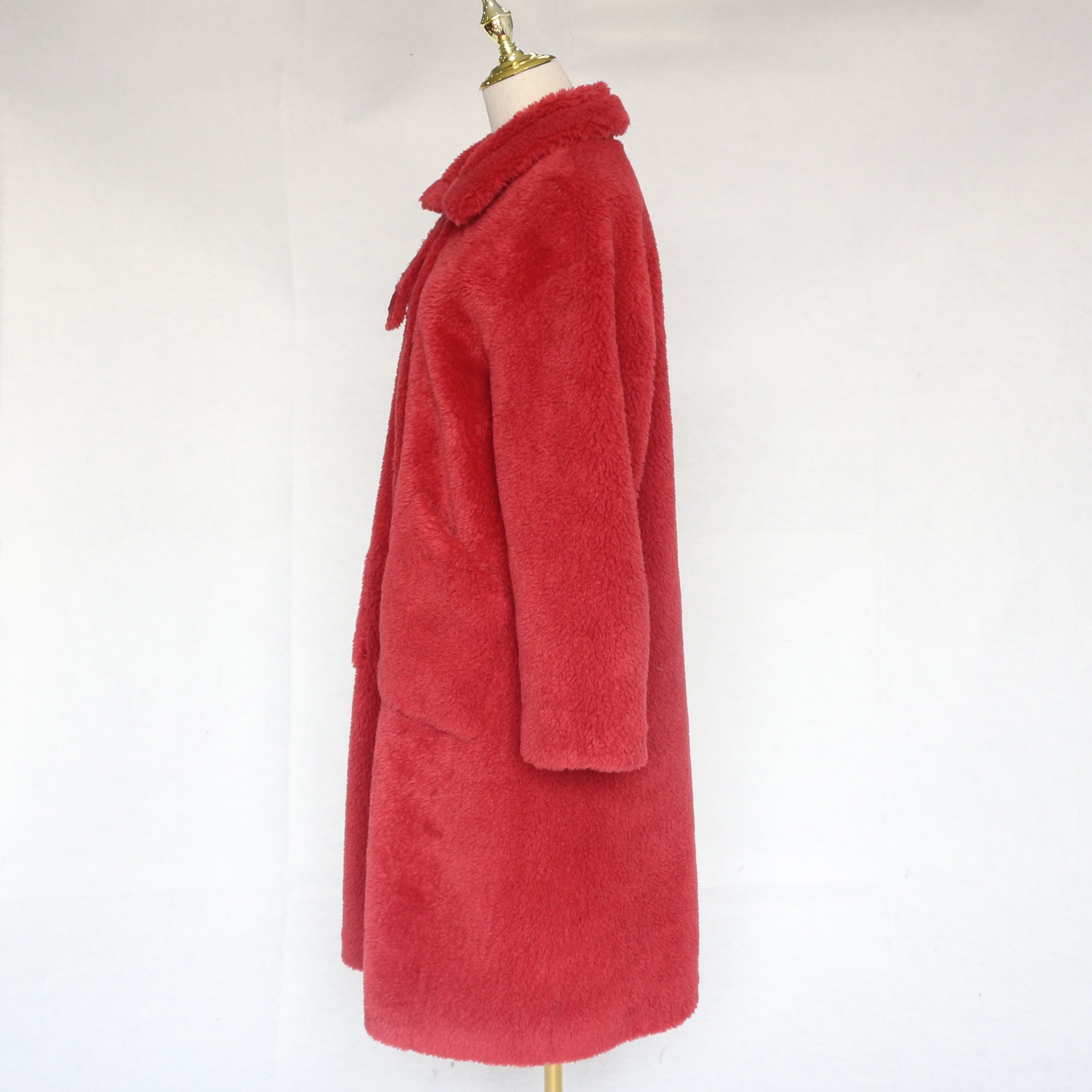 Women's Red Long Sheepskin Shearling Coat with Stand Collar & Button Front - Warm Winter Outerwear