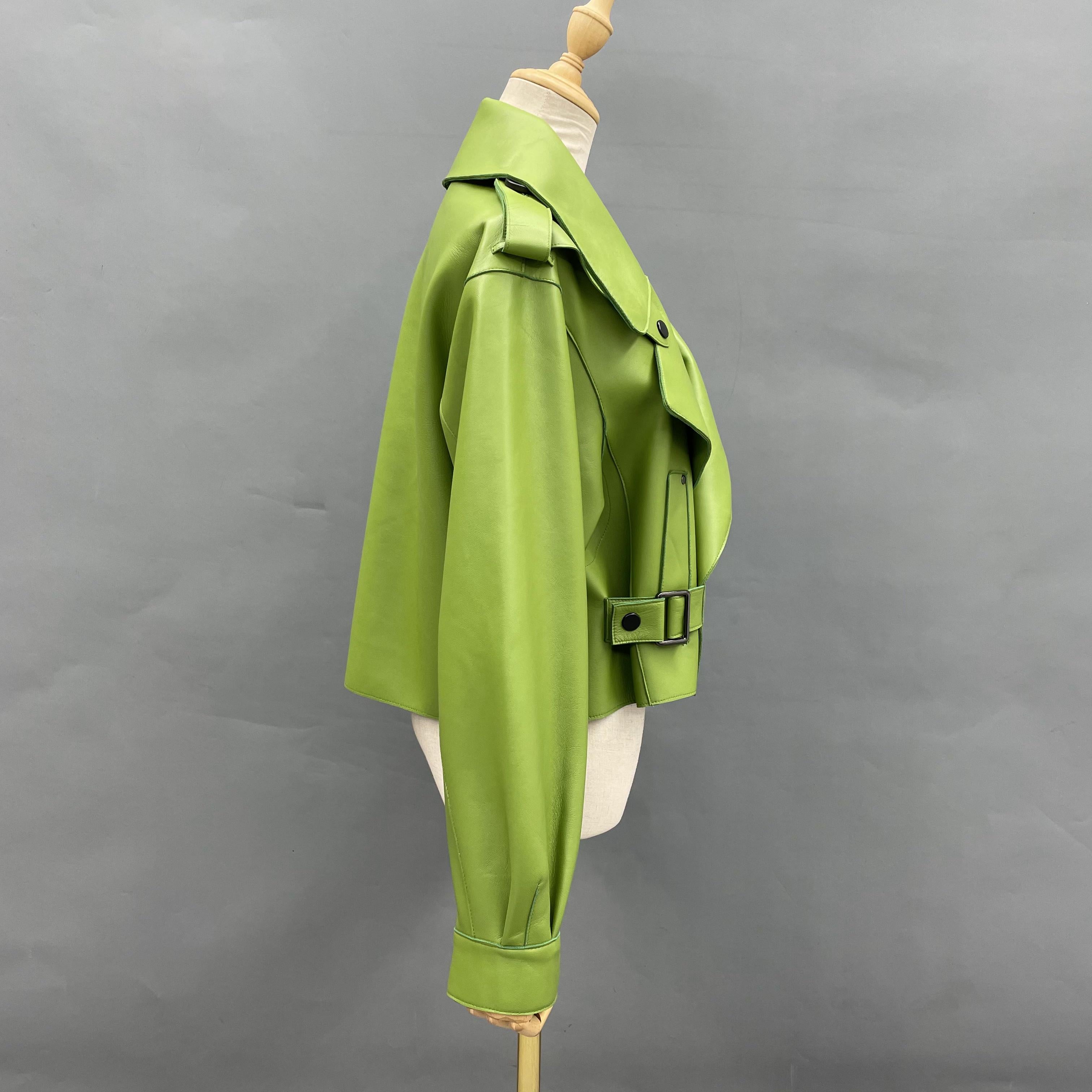 Women's Bright Green Faux Leather Biker Jacket with Wide Lapel, Slant Pockets & Belted Detail - Edgy Street Style Outerwear