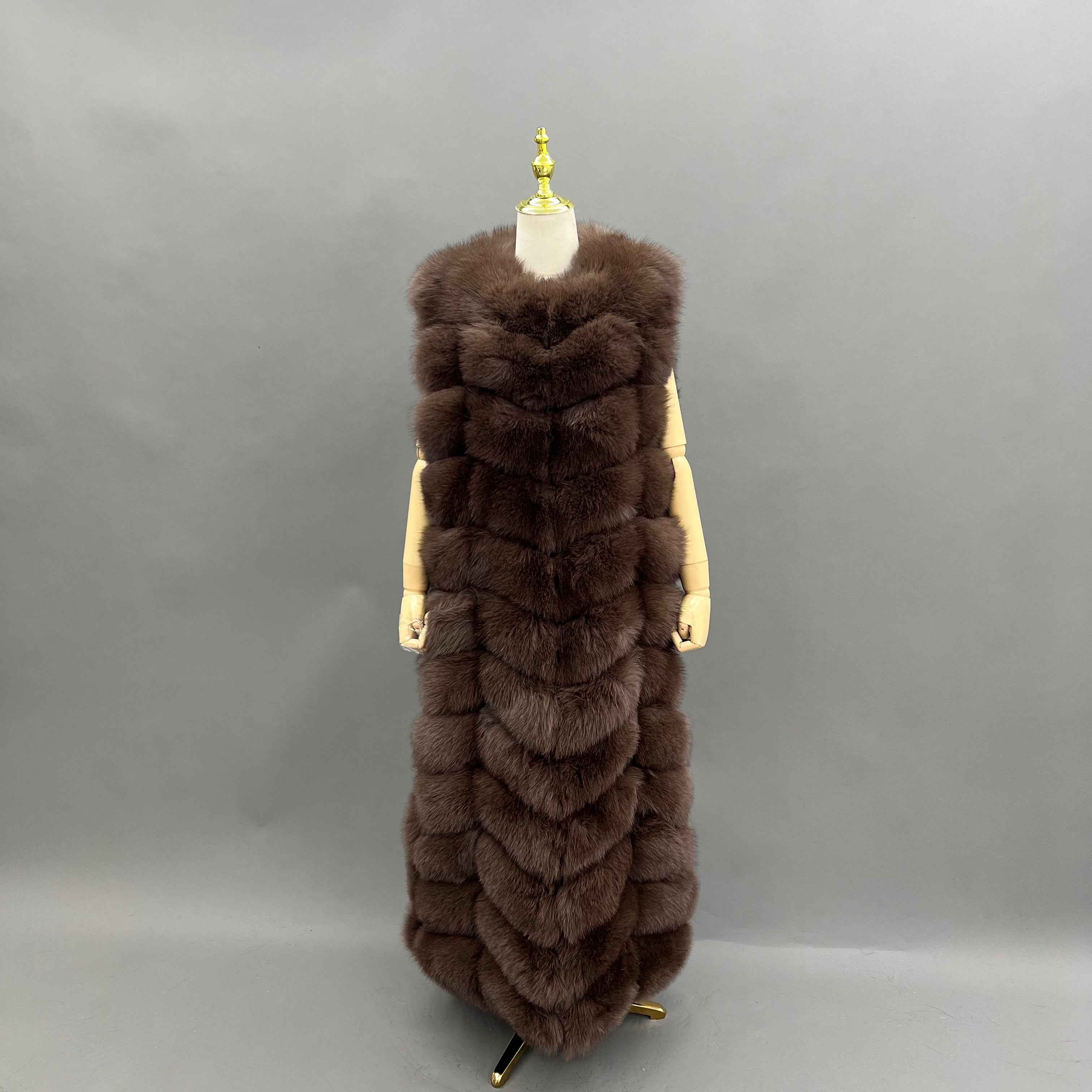 Luxury Long Fox Fur Vest 12-Section Bread Style Real Fur Sleeveless Coat for Women Winter Fashion Brown