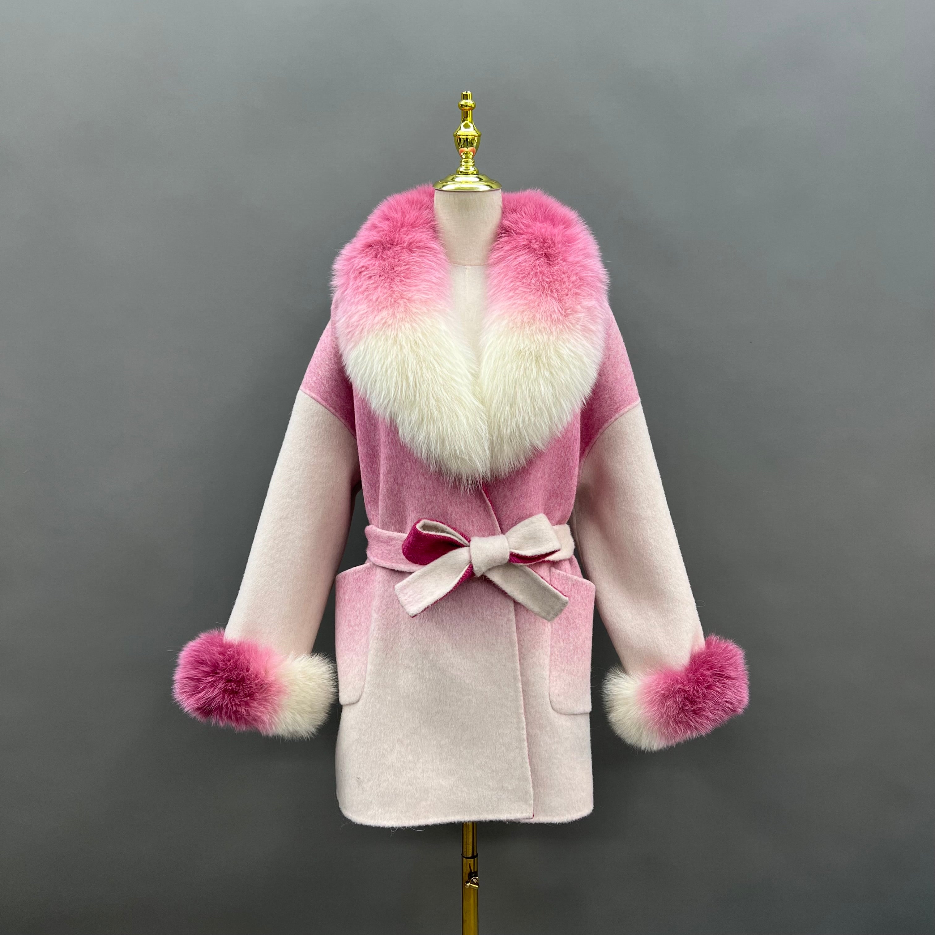 Women’s Pink Gradient Real Fox Fur Collar Wool Coat – Bow Belted Short Winter Jacket for Elegant Fashion 3#Gradient Pink