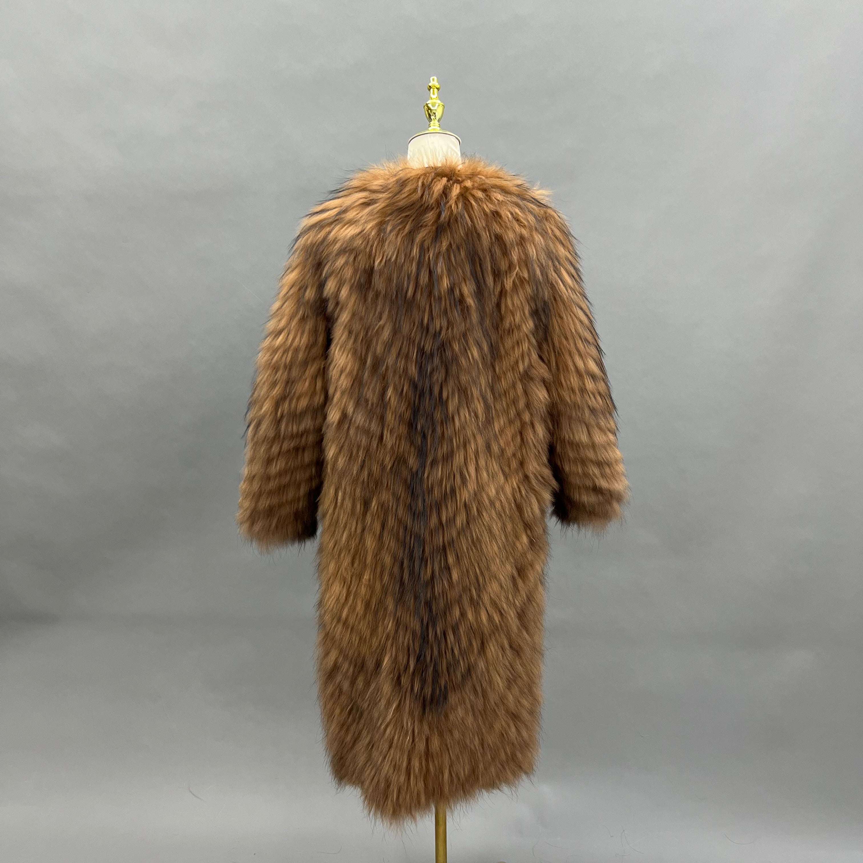 Women’s Long Striped Raccoon Fur Coat – Elegant Full-Length Real Fur Jacket for Luxury Winter Fashion