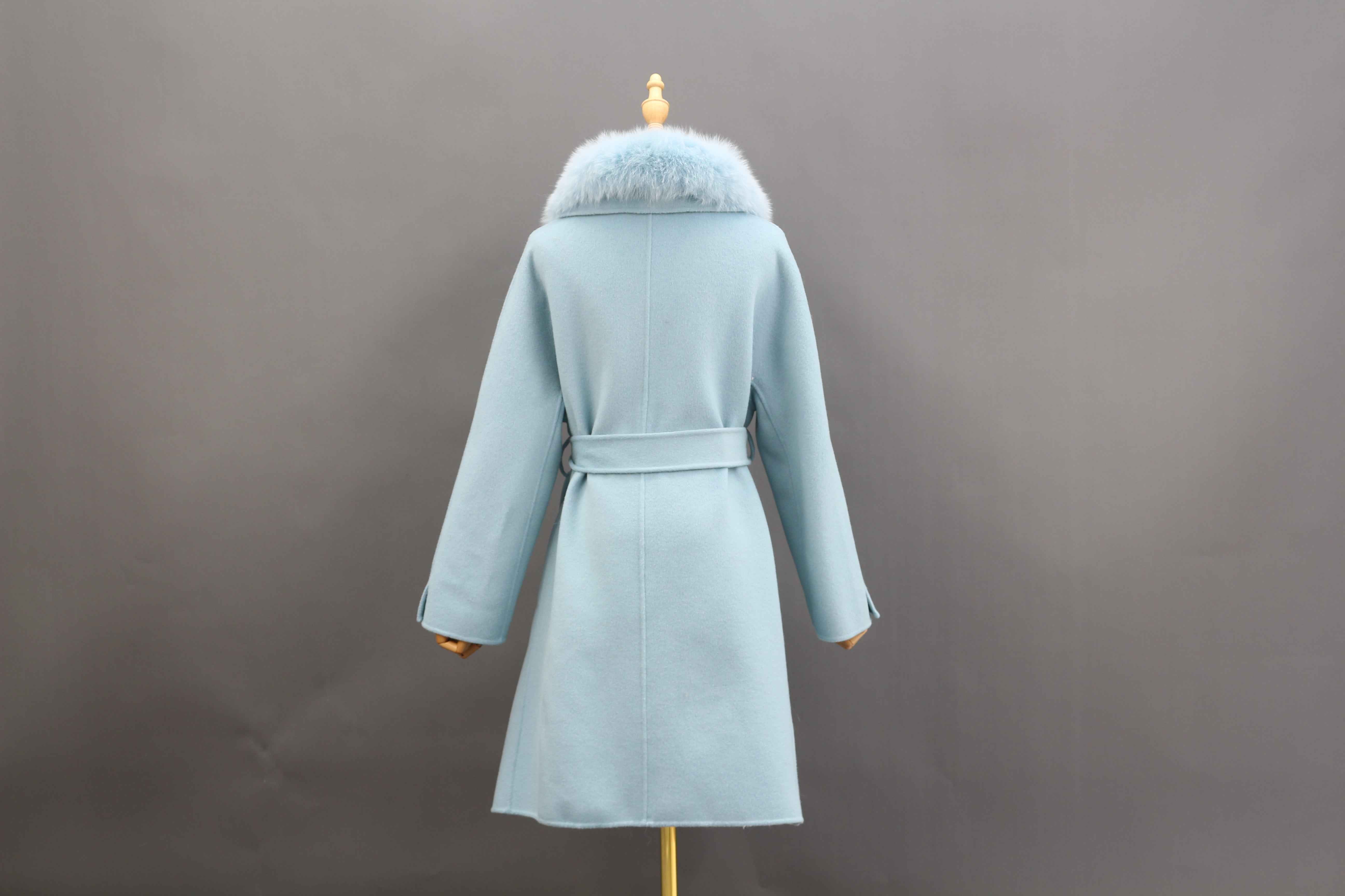 Women's Luxury Double - Faced Cashmere Coat with Fox Fur Collar, Small Flared Hem, Belted Elegant Winter Outerwear