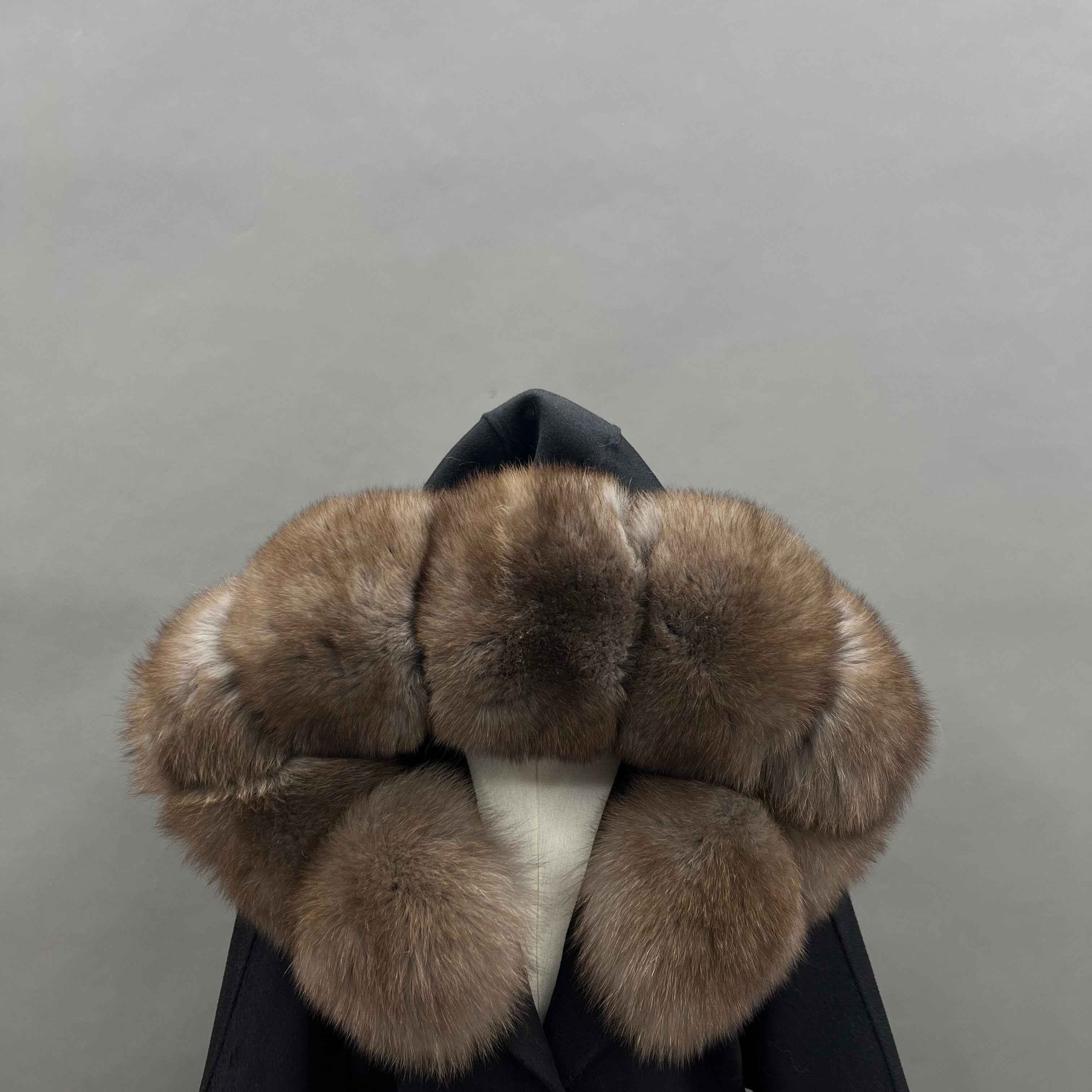 Autumn Winter Black Double - faced Wool Coat with Fox Fur Trim and Tie Waist