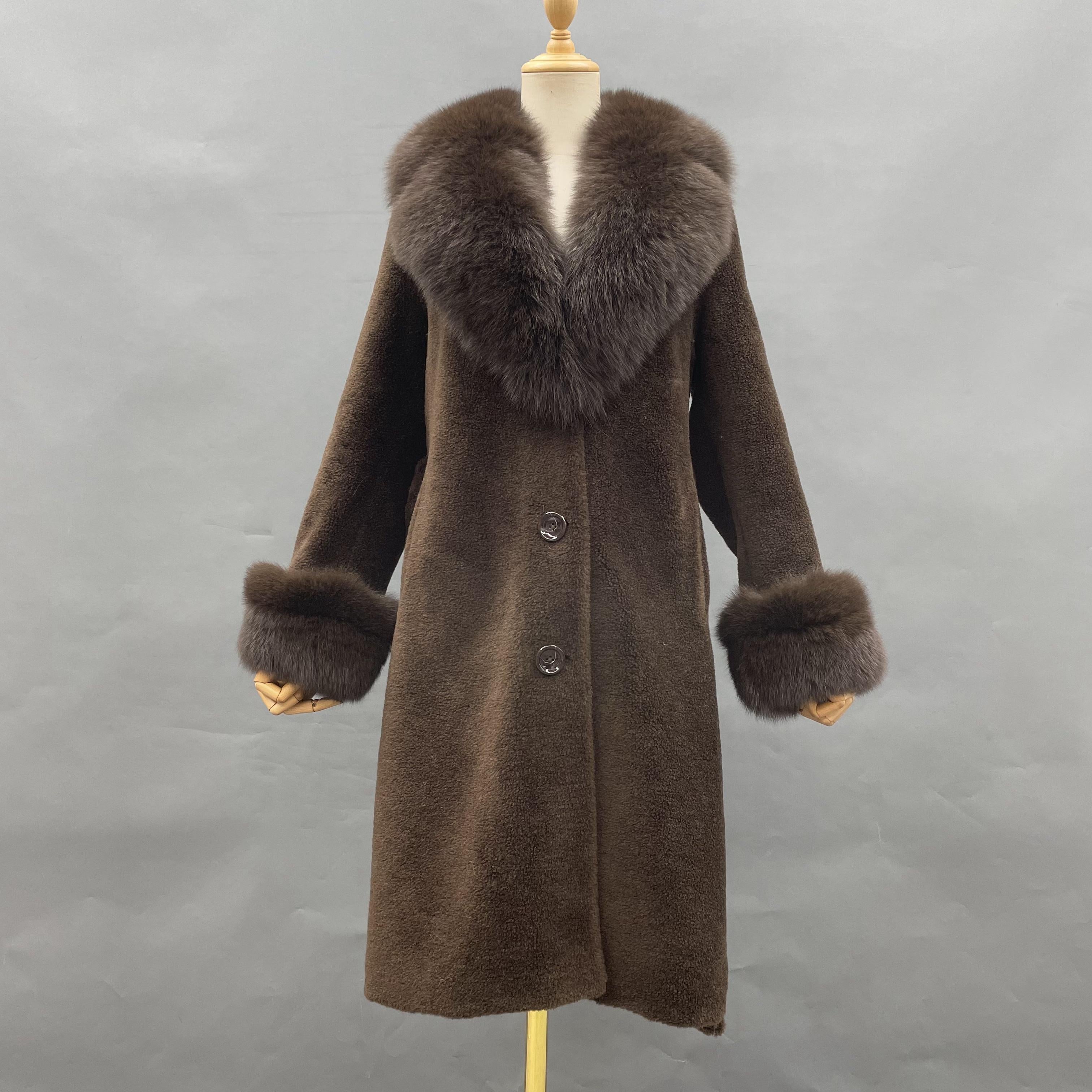 Women's Light Pink Shearling Long Coat with Fox Fur Collar, Cuffs, Notched Lapel & Belted Waist - Luxurious Winter Outerwear