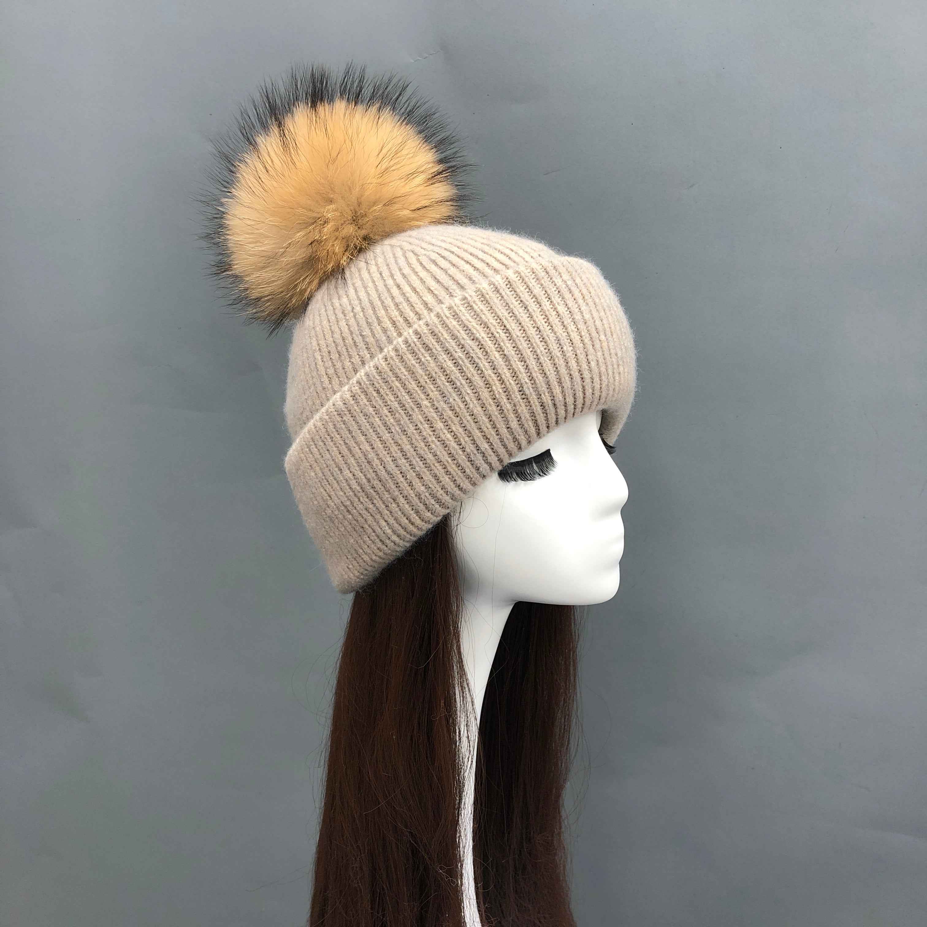 Wholesale Fine Ribbed Rabbit Fur Knit Beanie – Raccoon Fur Pompom Top, Warm Winter Hat for Women, Premium Quality in Bulk 5#Camel Adult