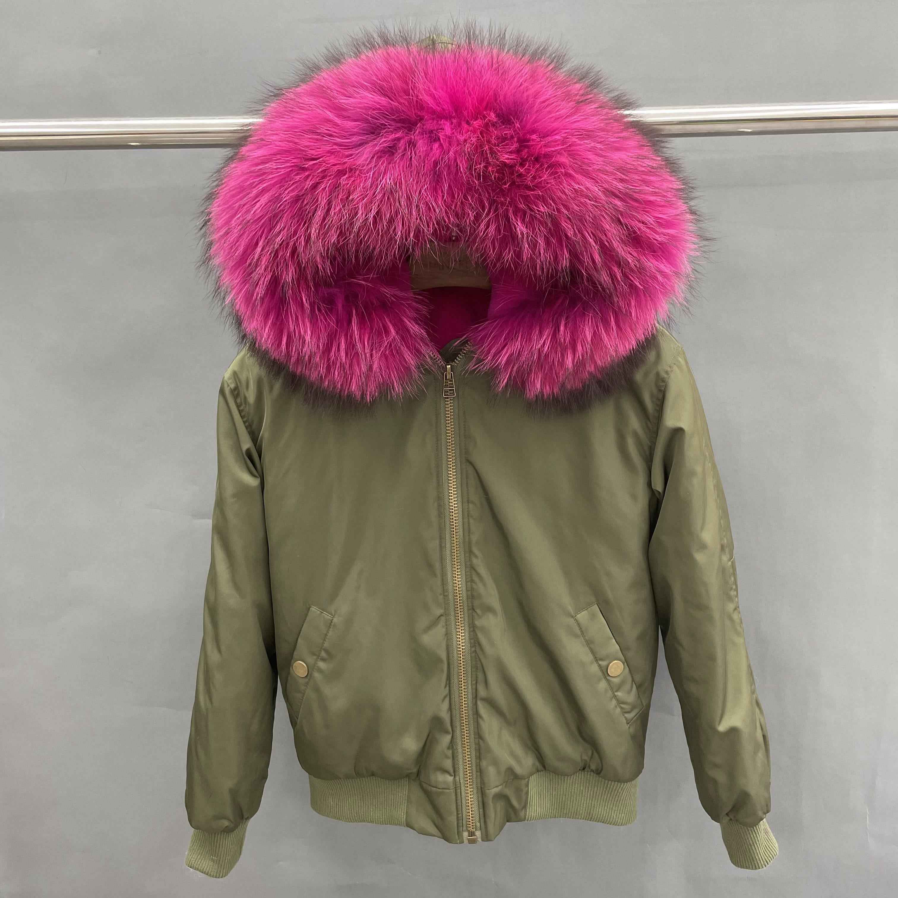 Women's Bomber Jacket with Raccoon Fur Collar – Winter Flight Jacket, Faux Fur Trim Aviator Coat for Cold Weather 8#Green
