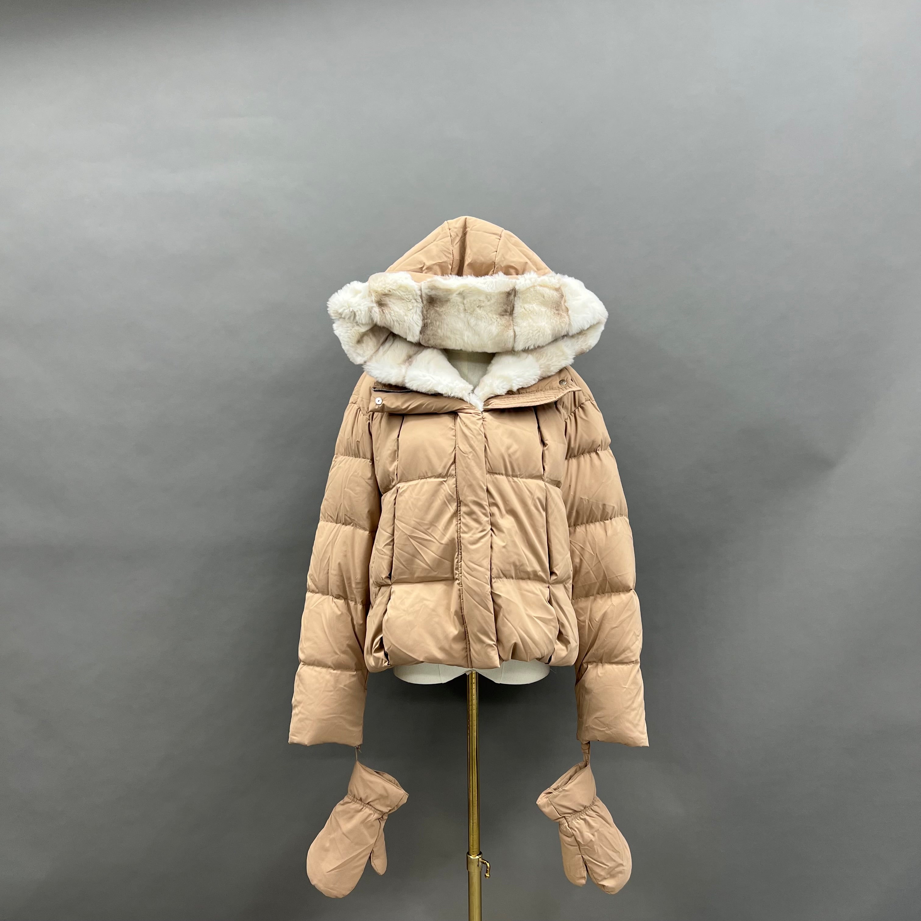 Women’s Beige Down Jacket with Real Rabbit Fur Hood – Detachable Mittens Winter Coat for Warm & Stylish Fashion 2#Beige