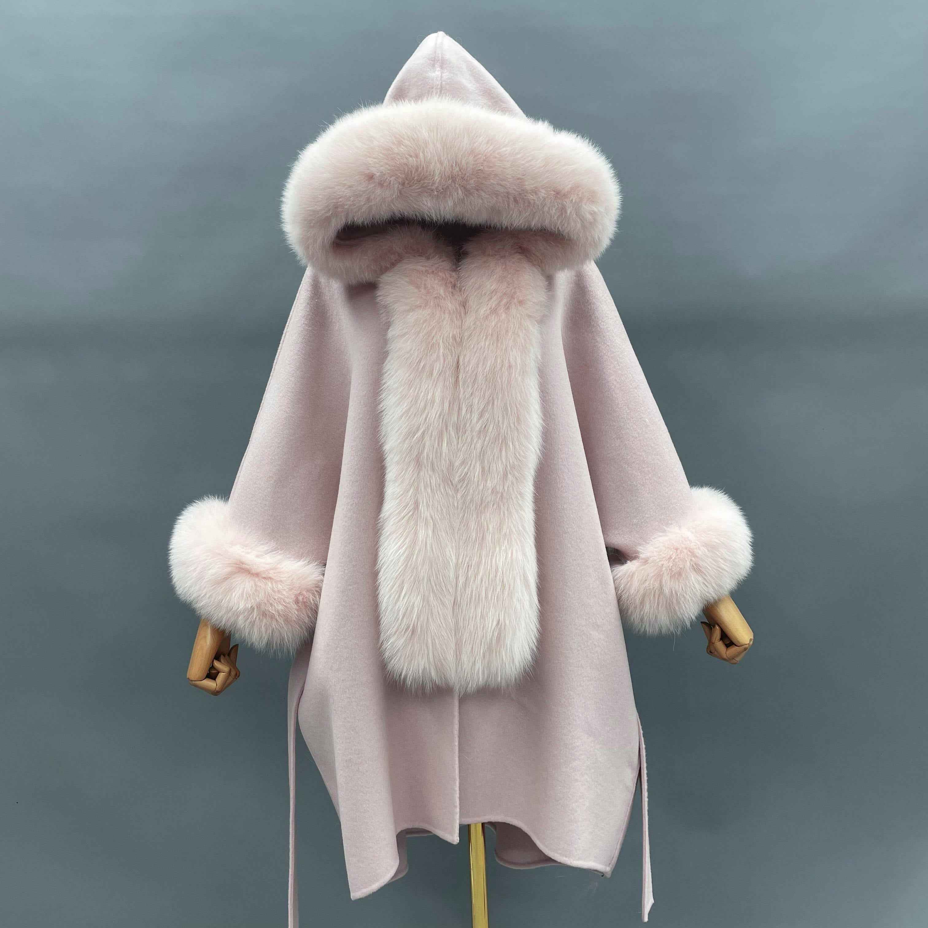 Asymmetrical Double-Faced Wool Coat with Fox Fur Trim Hood and Cuffed Sleeves – High Low Hem Luxury Overcoat