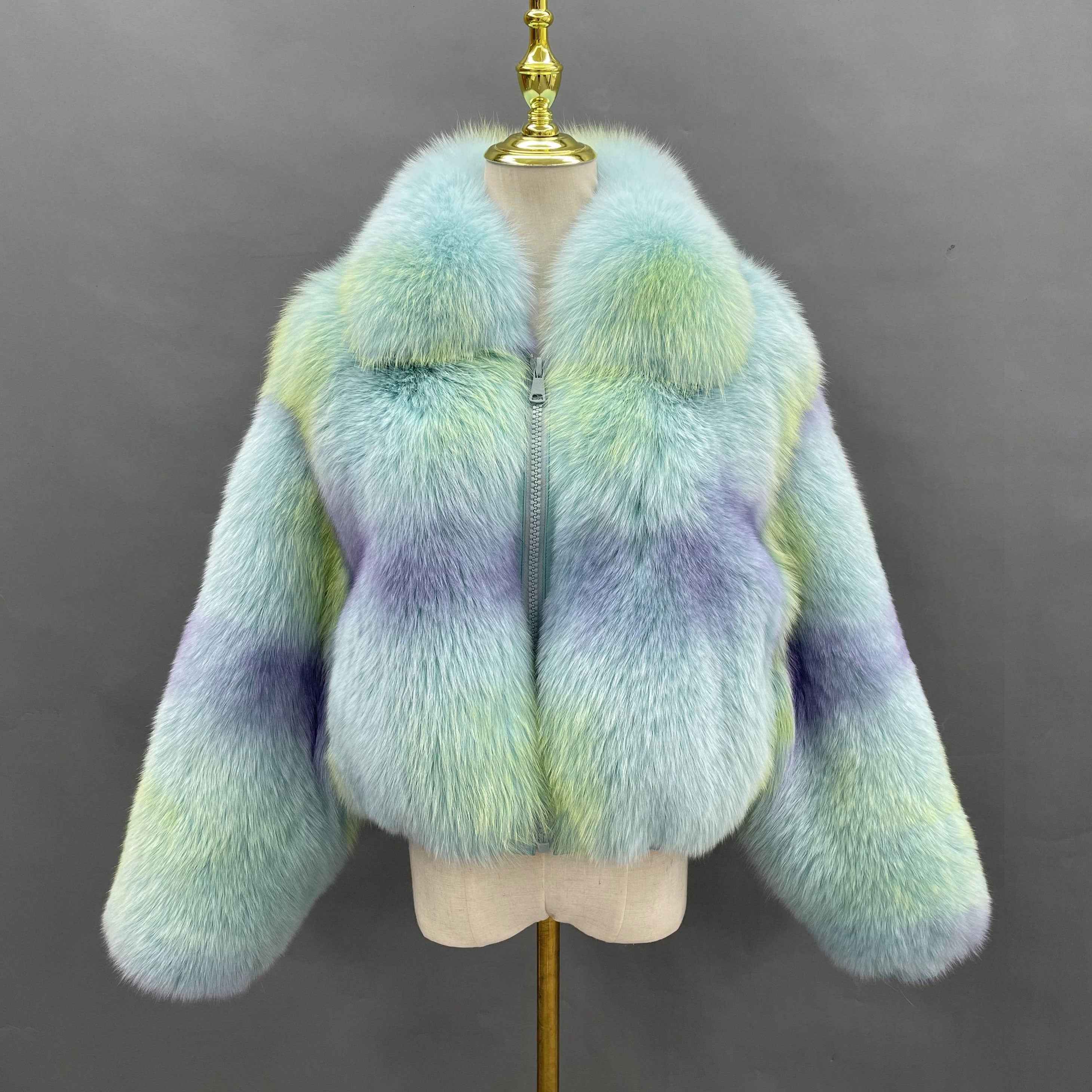 Women’s Green Fox Fur Jacket with Turn-Down Collar – Short Real Fur Coat Featuring Resin Zipper for Luxury Winter Fashion 3#