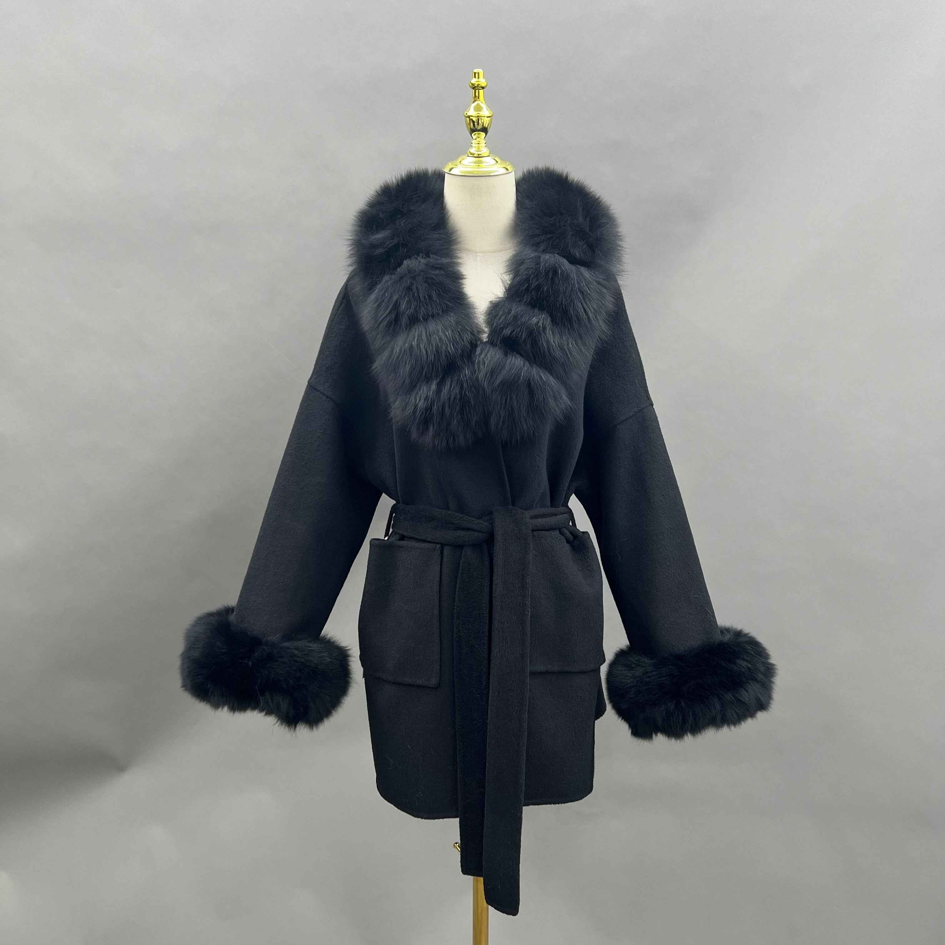 Chic Double-Faced Wool Coat with Plush Faux Fur Hood and Sleeves