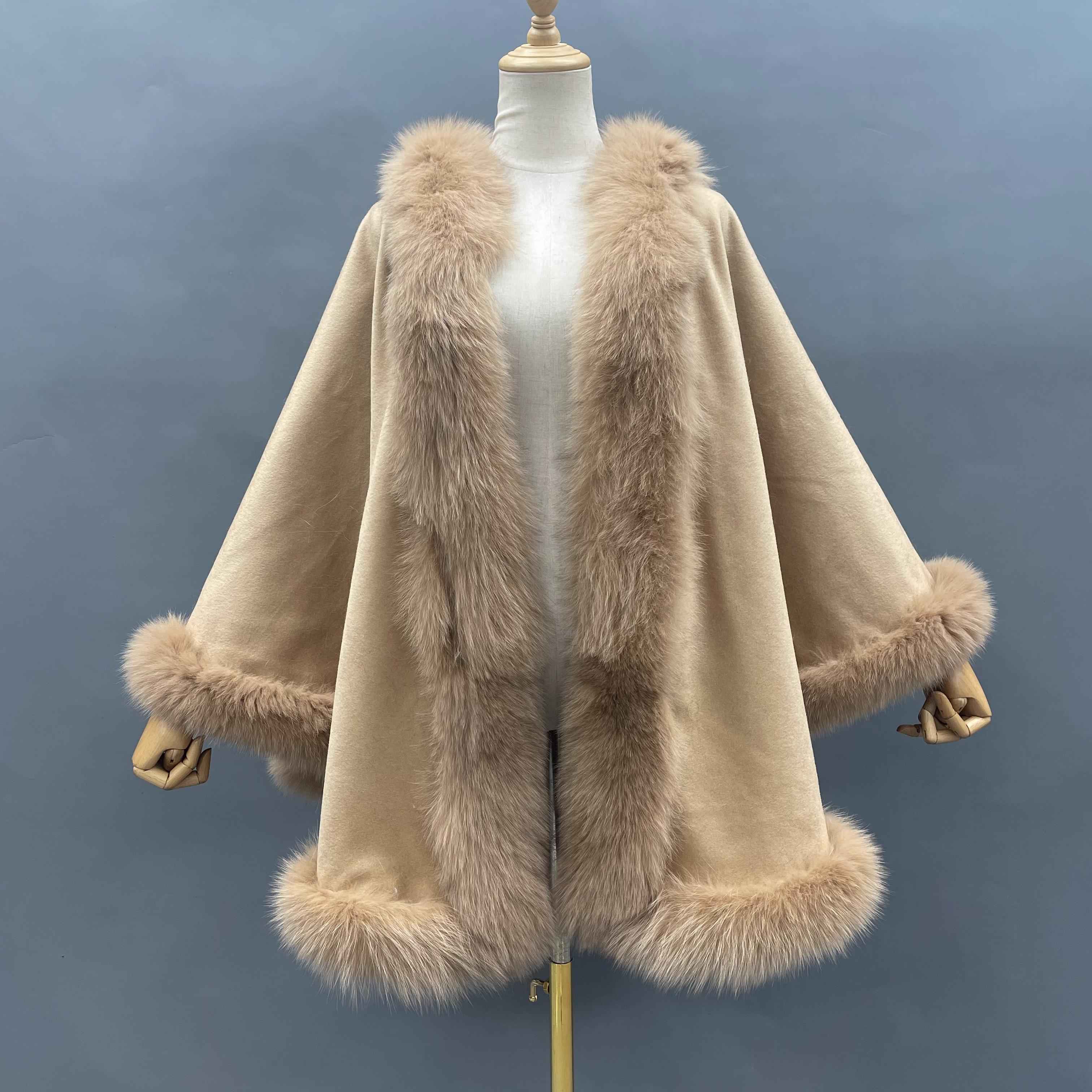 Women's Luxurious Cashmere Cape with Fox Fur Trim - Winter Fashion Outerwear 3#Khaki F