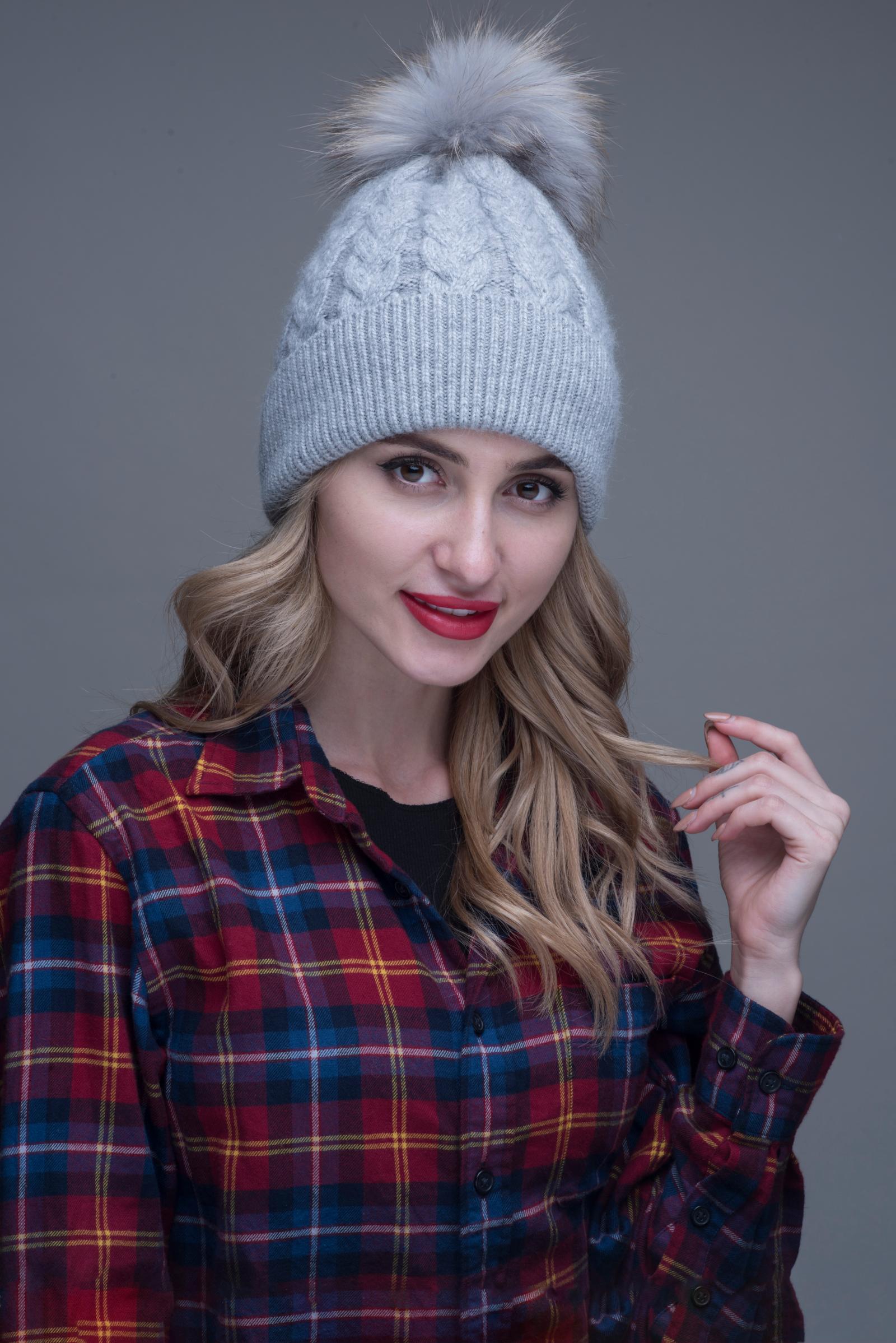 Ladies Beanie Hat Angora Knitted Raccoon Fur Pom Pom Warm Hat - Janefur