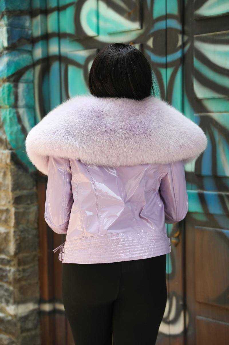 Large Fox Fur Collar Shiny Leather Jacket - Janefur