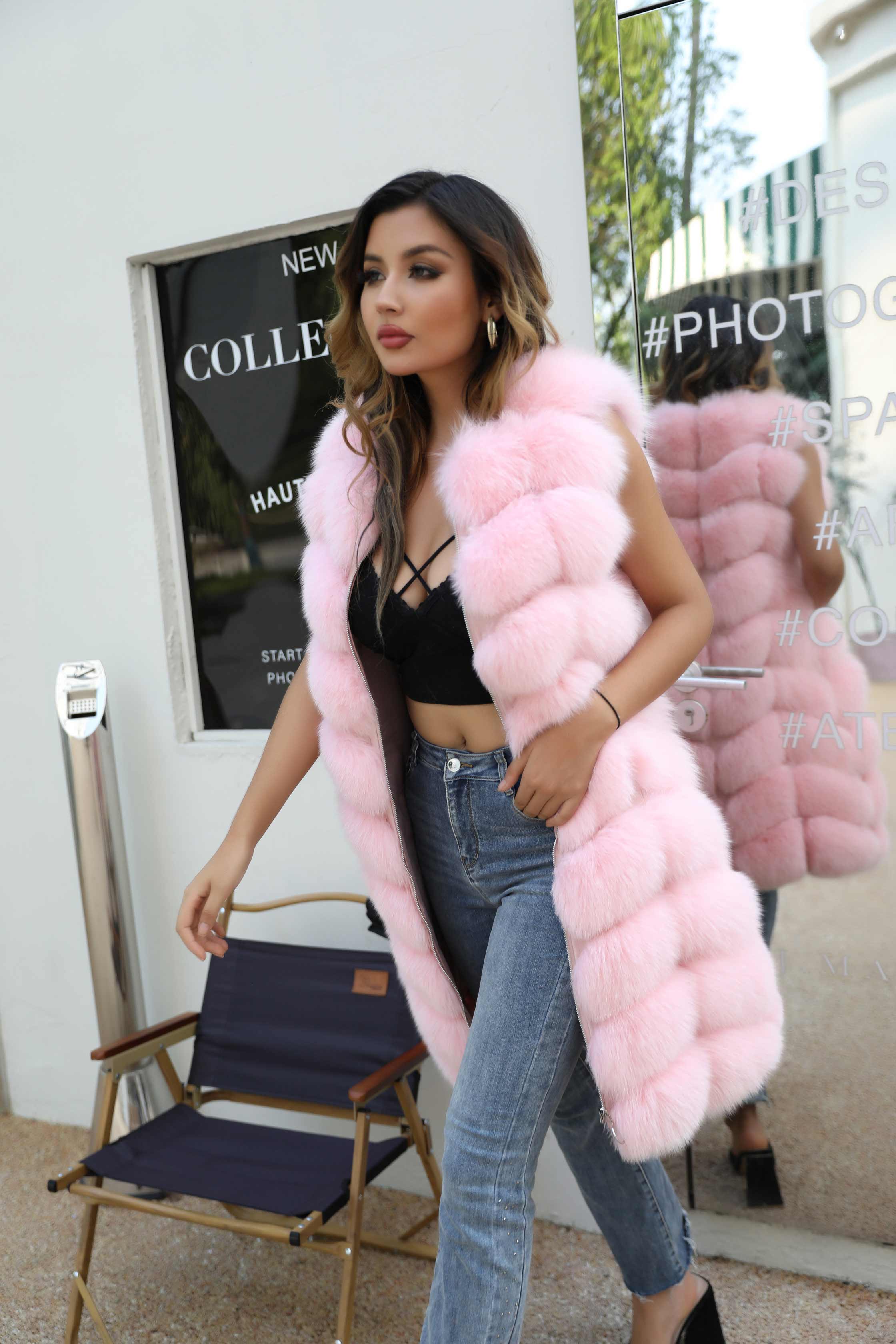 High Quality Warm Sleeveless Long Women's Real Fox Fur Luxury Vest - Janefur