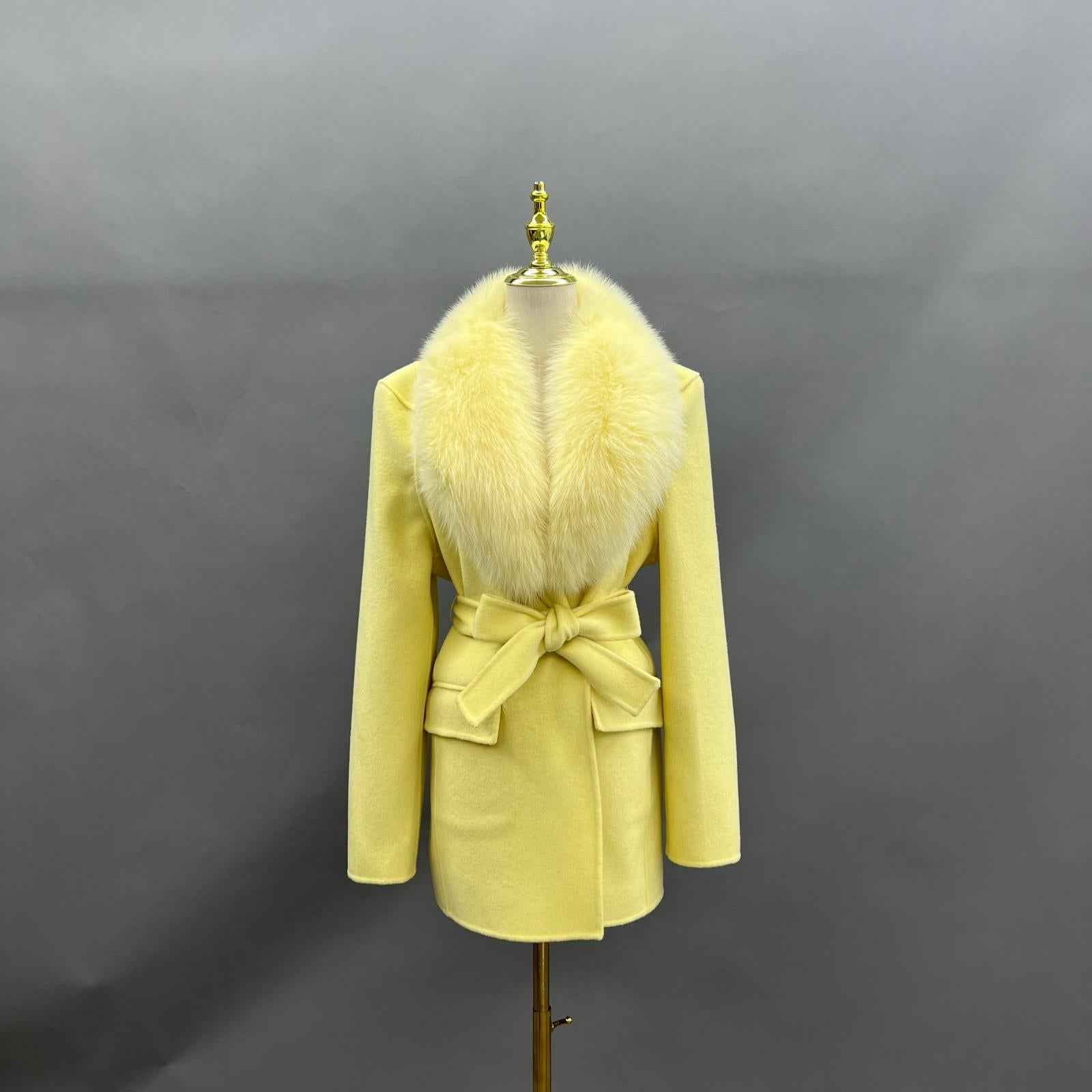 Fox Fur Collar Double-Faced Cashmere Coat for Women with Charming Notched Lapel Waist-Cinching Double-Faced Wool Jacket - Janefur