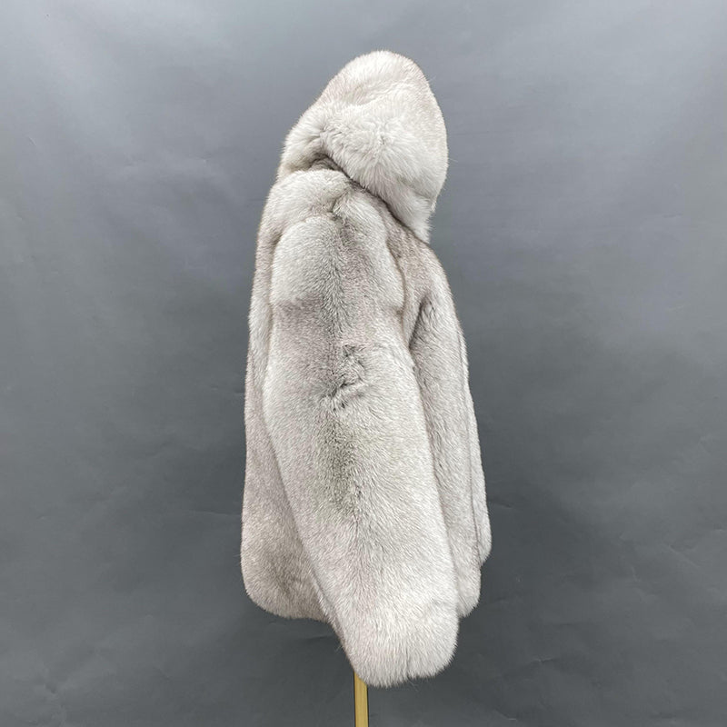 Fashionable Warm Winter Real Fox Fur Thick Jacket Solid Colour Hoodie - Janefur
