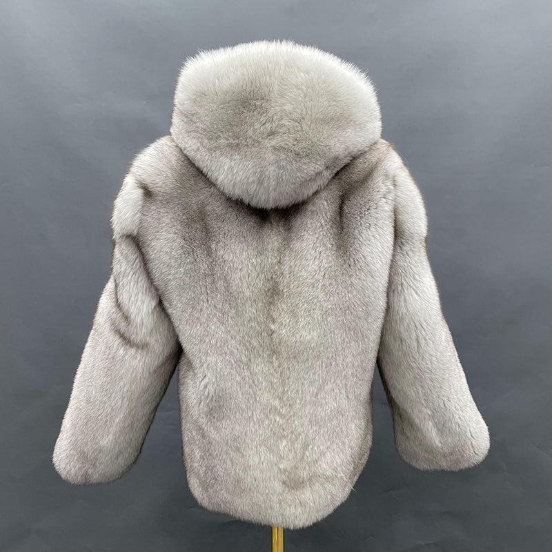 Fashionable Warm Winter Real Fox Fur Thick Jacket Solid Colour Hoodie - Janefur