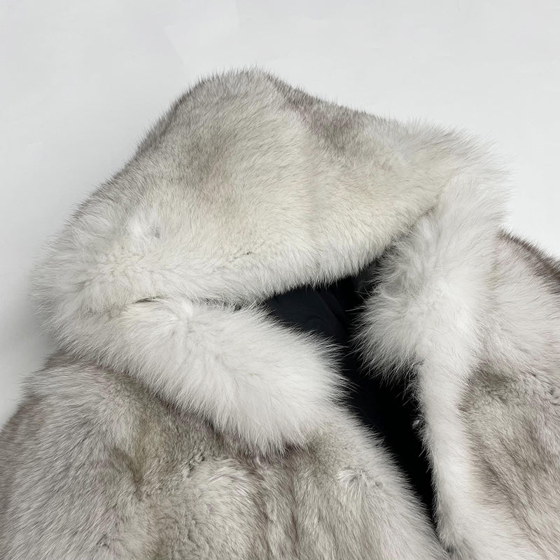 Fashionable Warm Winter Real Fox Fur Thick Jacket Solid Colour Hoodie - Janefur