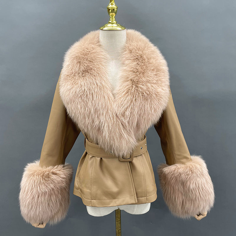 Fox Fur Collar Real Leather Women's New Fashion Jacket - Janefur