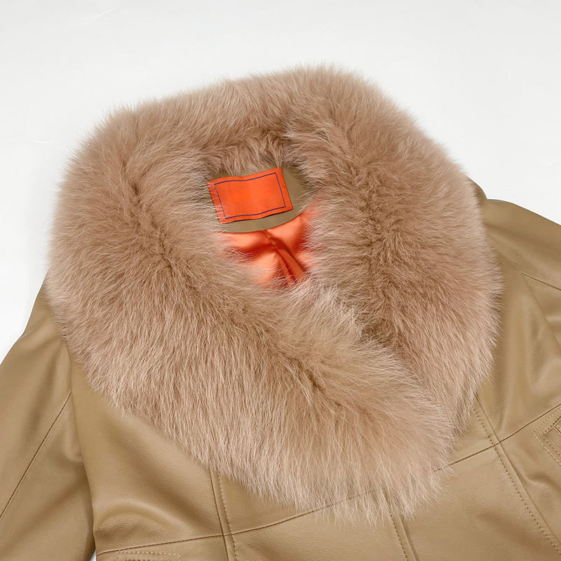 Fox Fur Collar Real Leather Women's New Fashion Jacket - Janefur