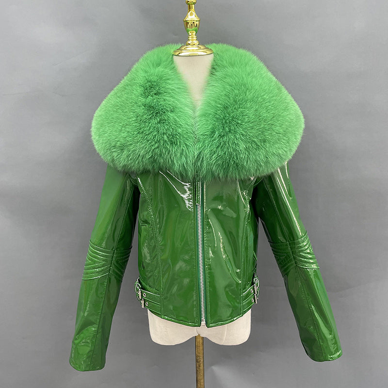 Women's Short Fox Fur Collar Bright Leather Coat - Janefur