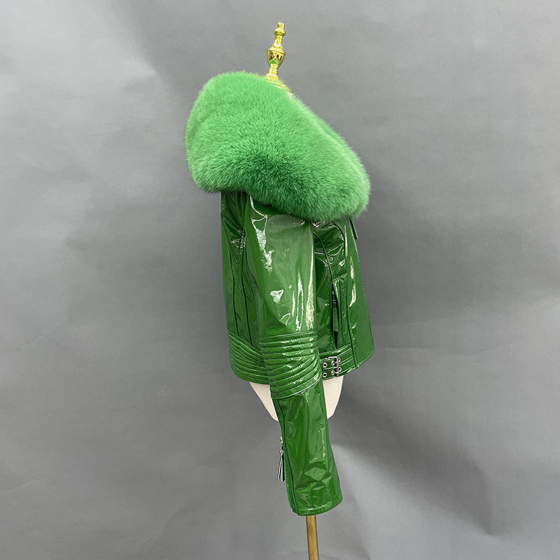 Women's Short Fox Fur Collar Bright Leather Coat - Janefur