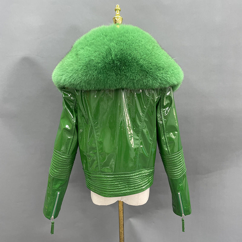 Women's Short Fox Fur Collar Bright Leather Coat - Janefur