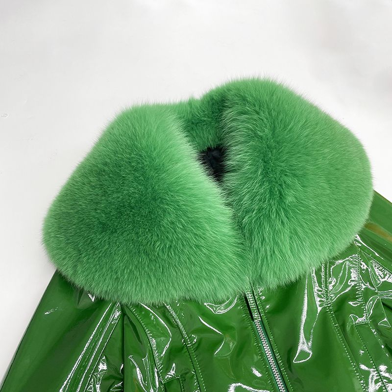 Women's Short Fox Fur Collar Bright Leather Coat - Janefur