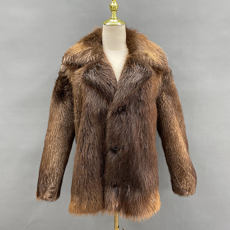 Warm Winter New Men's Long Sleeve Suit Collar Beaver Fur Coat - Janefur