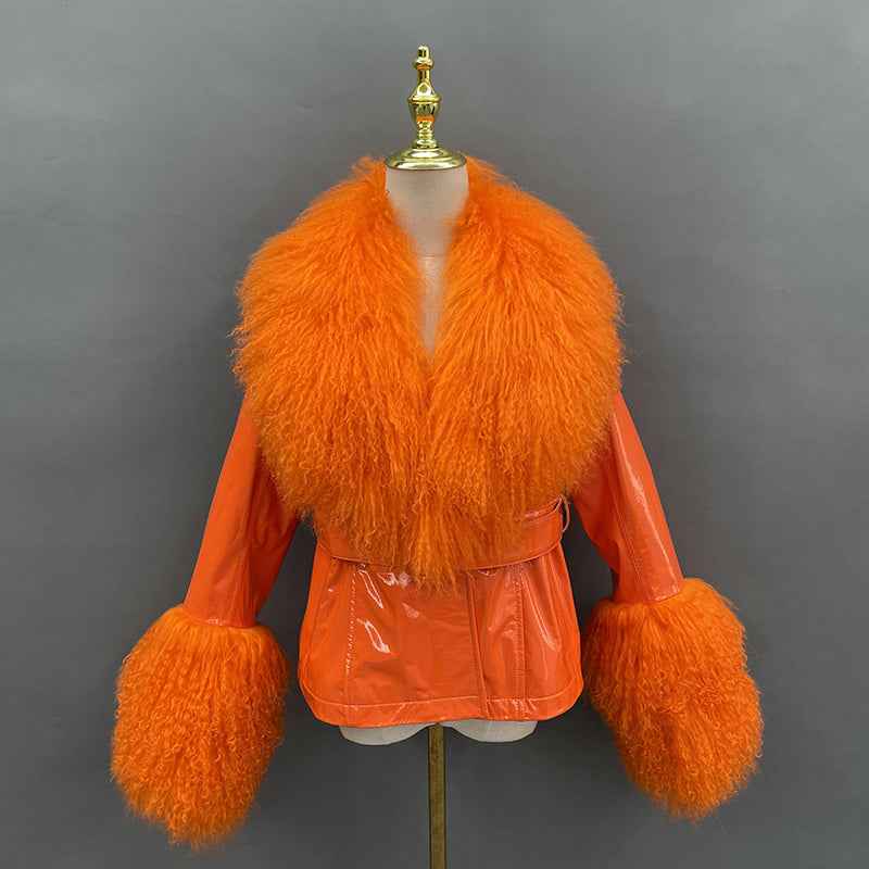 Spring And Autumn Women's Short Bright Leather Coat With Fur At The Collar And Cuffs - Janefur