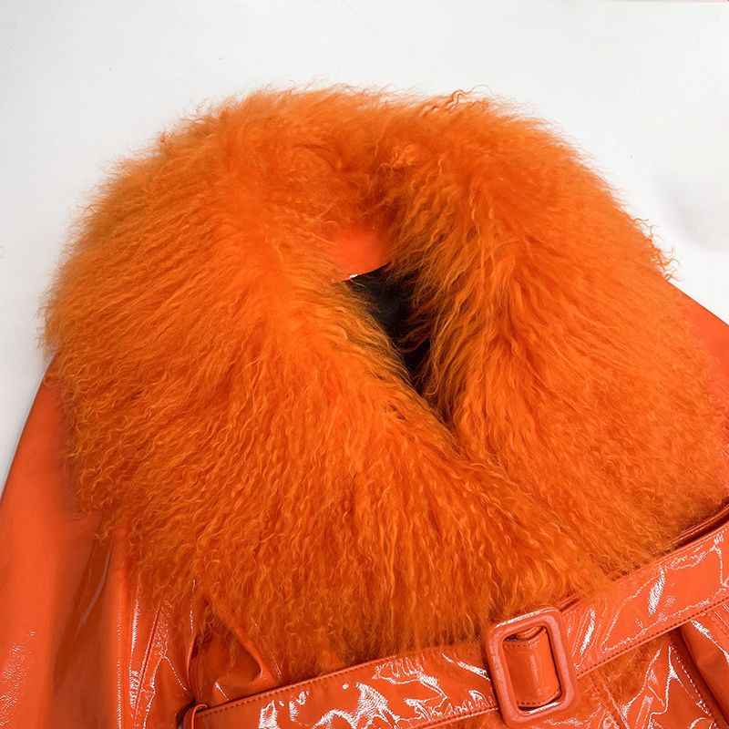 Spring And Autumn Women's Short Bright Leather Coat With Fur At The Collar And Cuffs - Janefur