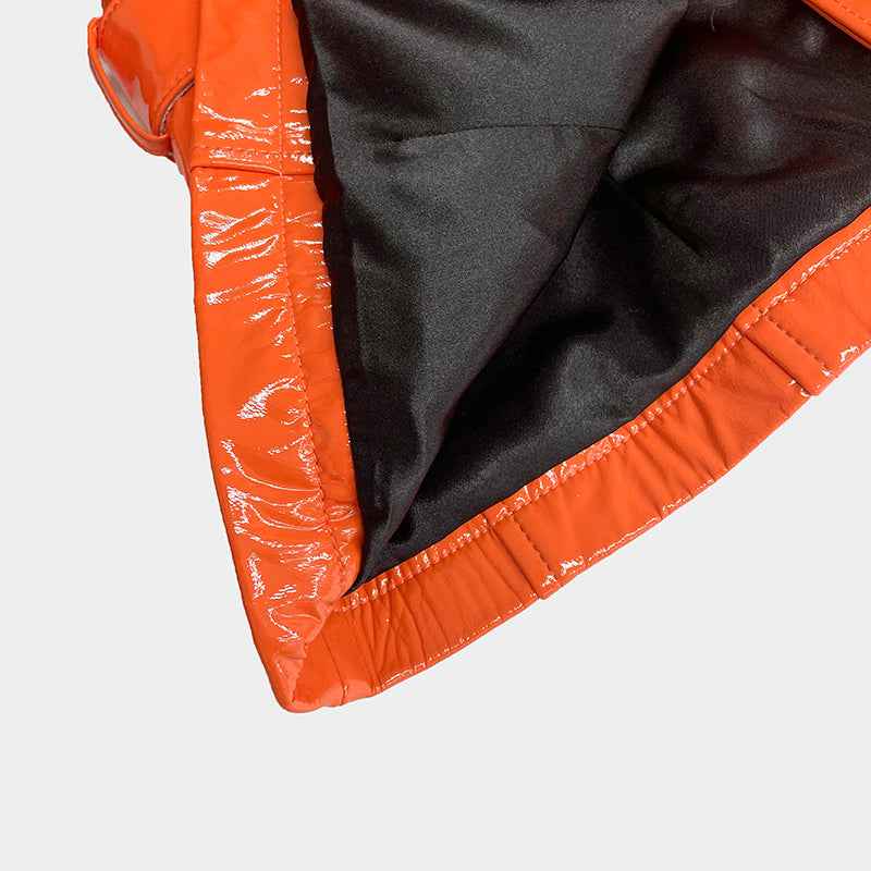 Spring And Autumn Women's Short Bright Leather Coat With Fur At The Collar And Cuffs - Janefur