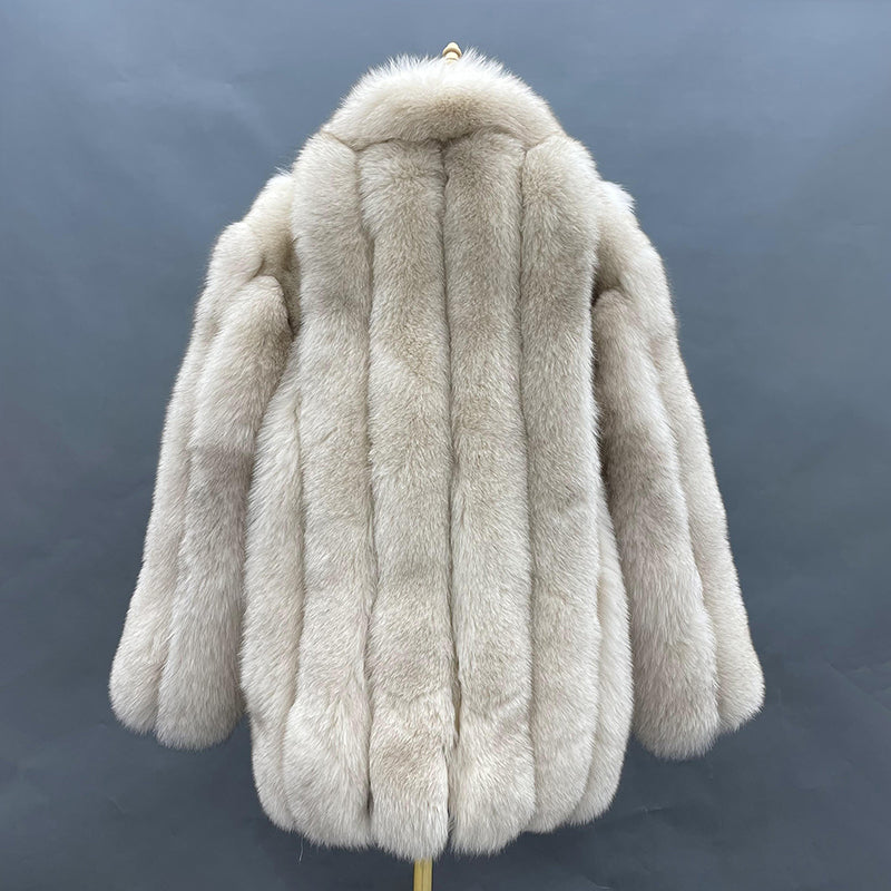 Warm Winter Luxury Blue Fox Vertical Stripes Real Fox Fur Coat - Janefur