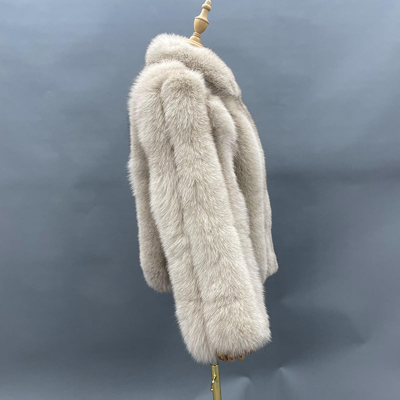 Winter Lapel Plush Vertical Stripe True Fox Fur Women's Coat - Janefur