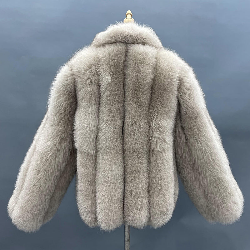 Winter Lapel Plush Vertical Stripe True Fox Fur Women's Coat - Janefur