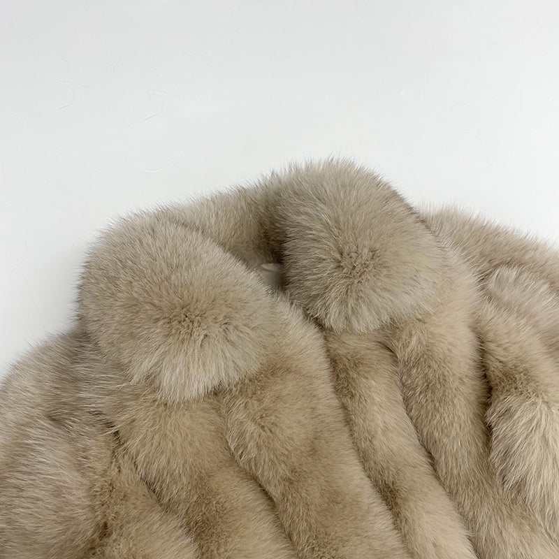 Winter Lapel Plush Vertical Stripe True Fox Fur Women's Coat - Janefur