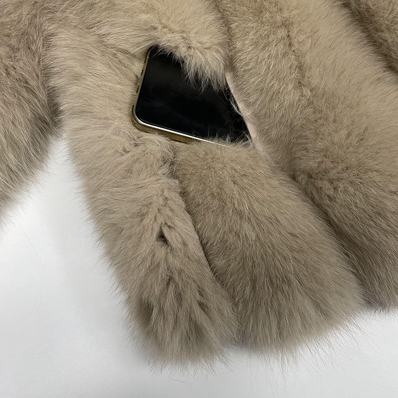 Winter Lapel Plush Vertical Stripe True Fox Fur Women's Coat - Janefur