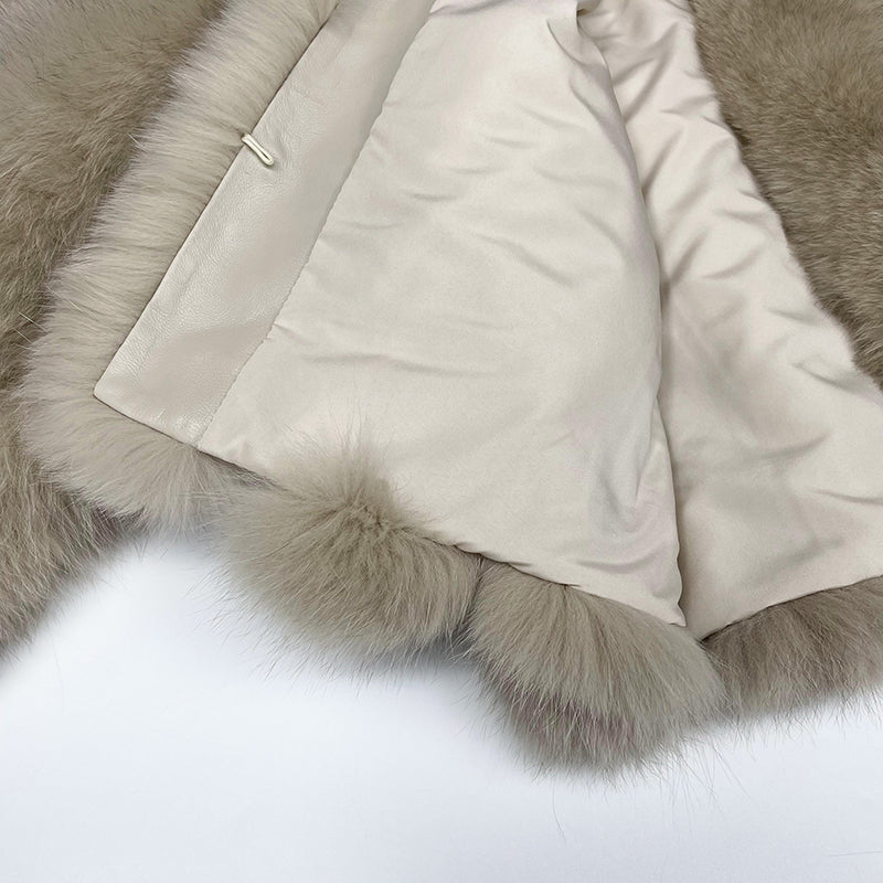 Winter Lapel Plush Vertical Stripe True Fox Fur Women's Coat - Janefur