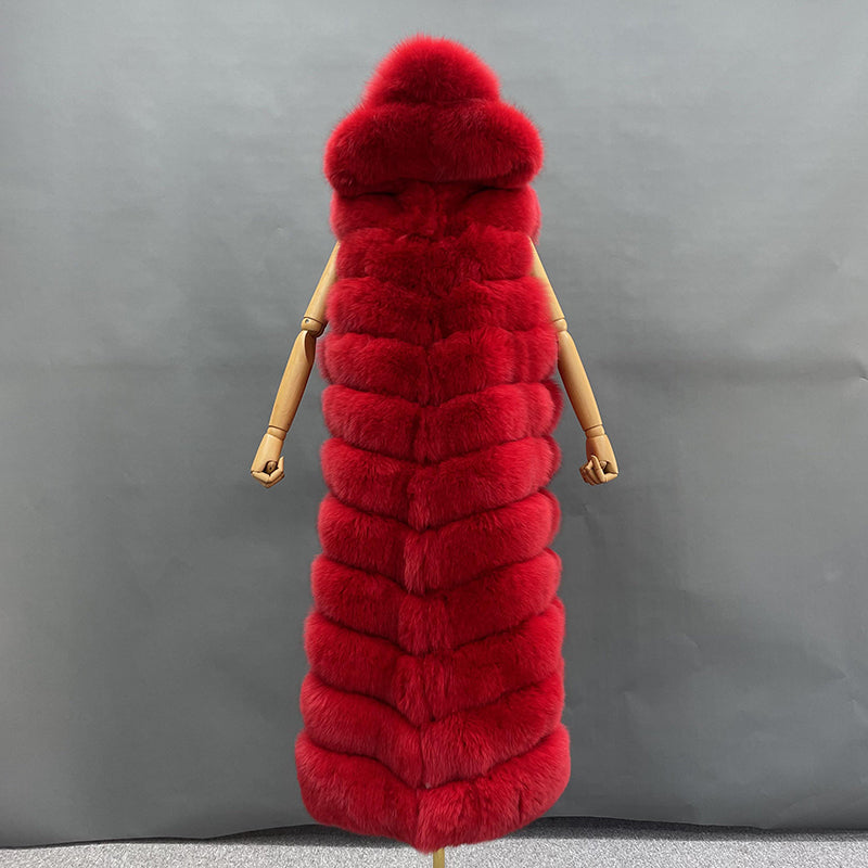 Winter Long Hooded Fox Fur Womens Luxury Vest - Janefur